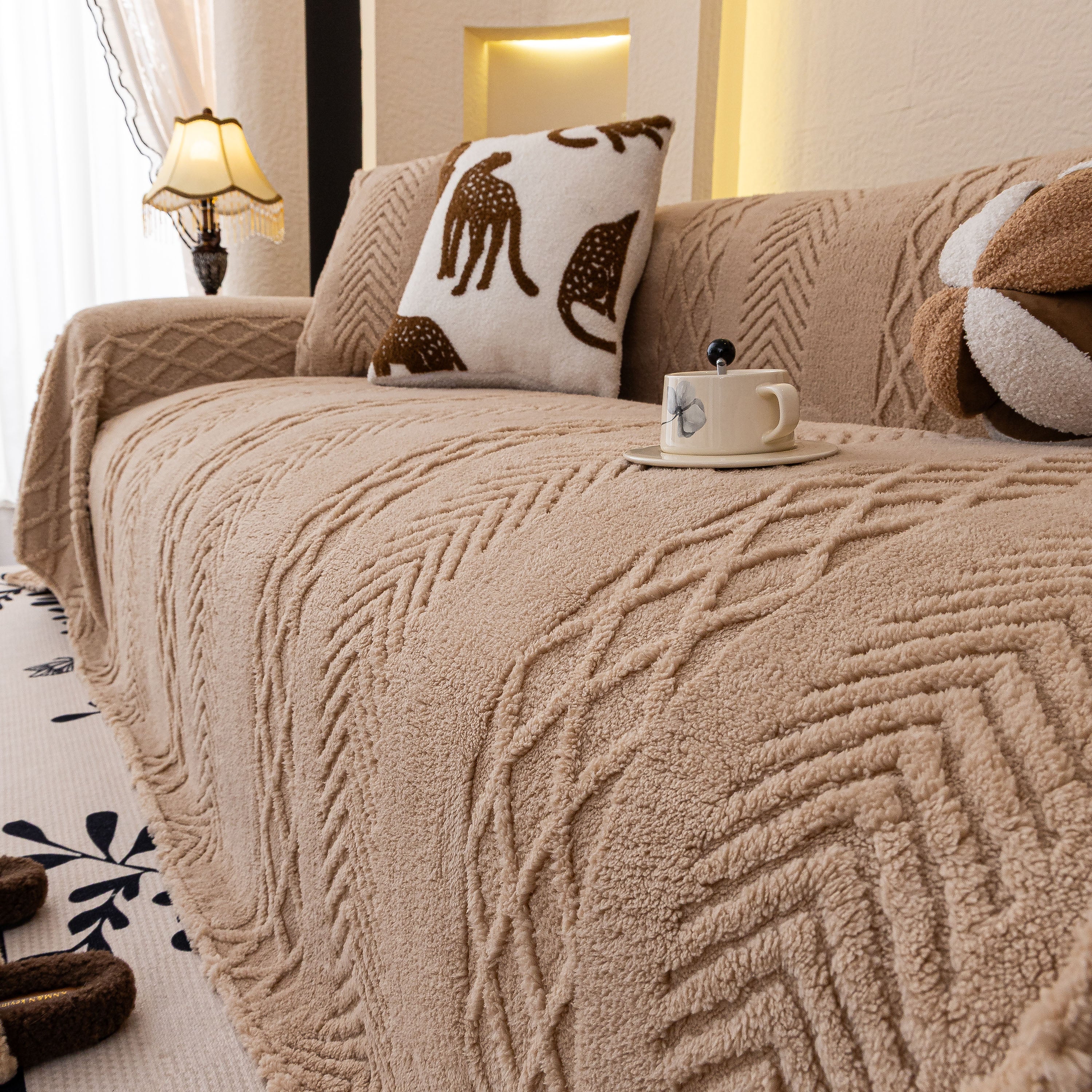 Plush Sherpa Fleece Sofa Cover with 3D Cable Knit Texture, Soft Cozy Throw Blanket