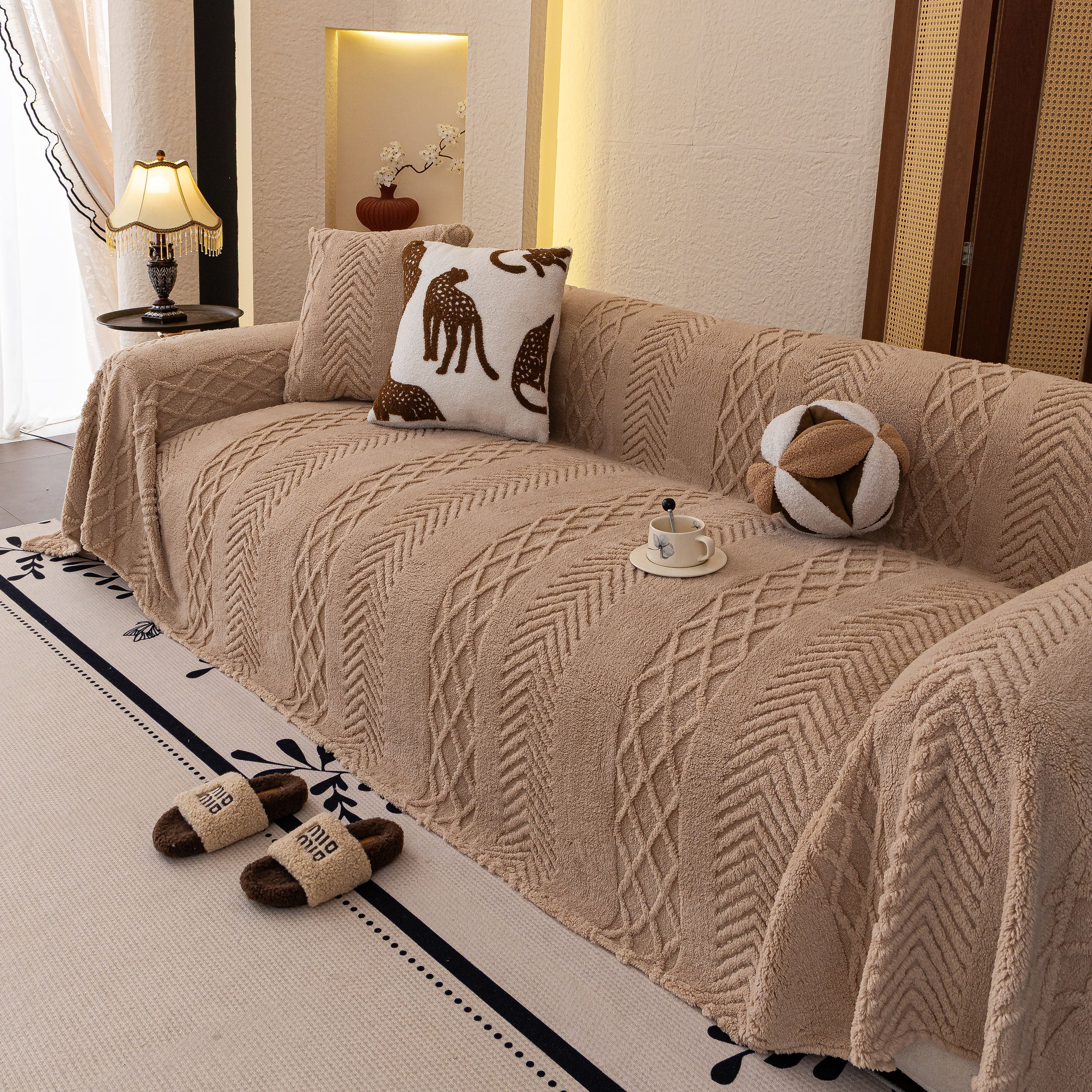 Plush Sherpa Fleece Sofa Cover with 3D Cable Knit Texture, Soft Cozy Throw Blanket