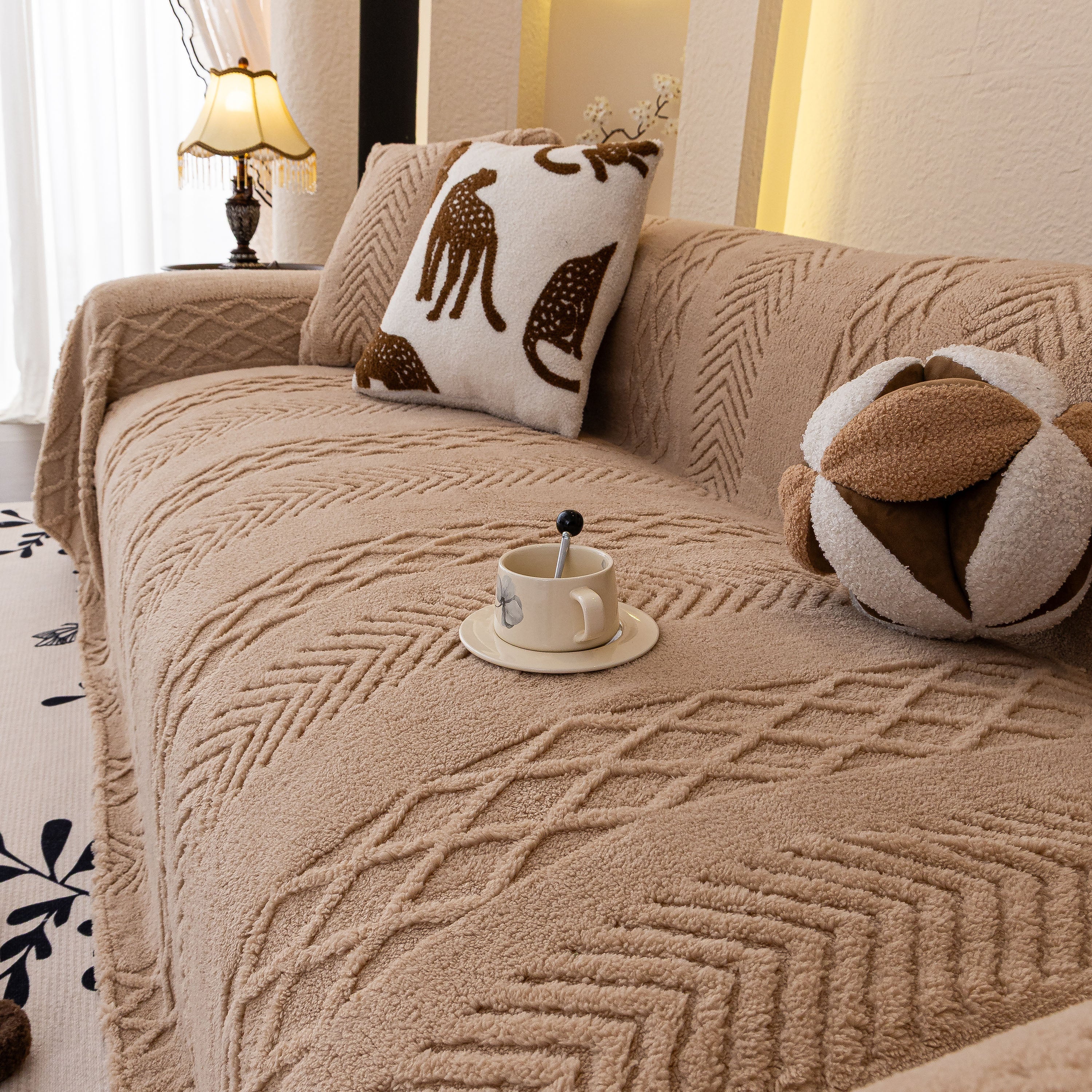 Plush Sherpa Fleece Sofa Cover with 3D Cable Knit Texture, Soft Cozy Throw Blanket