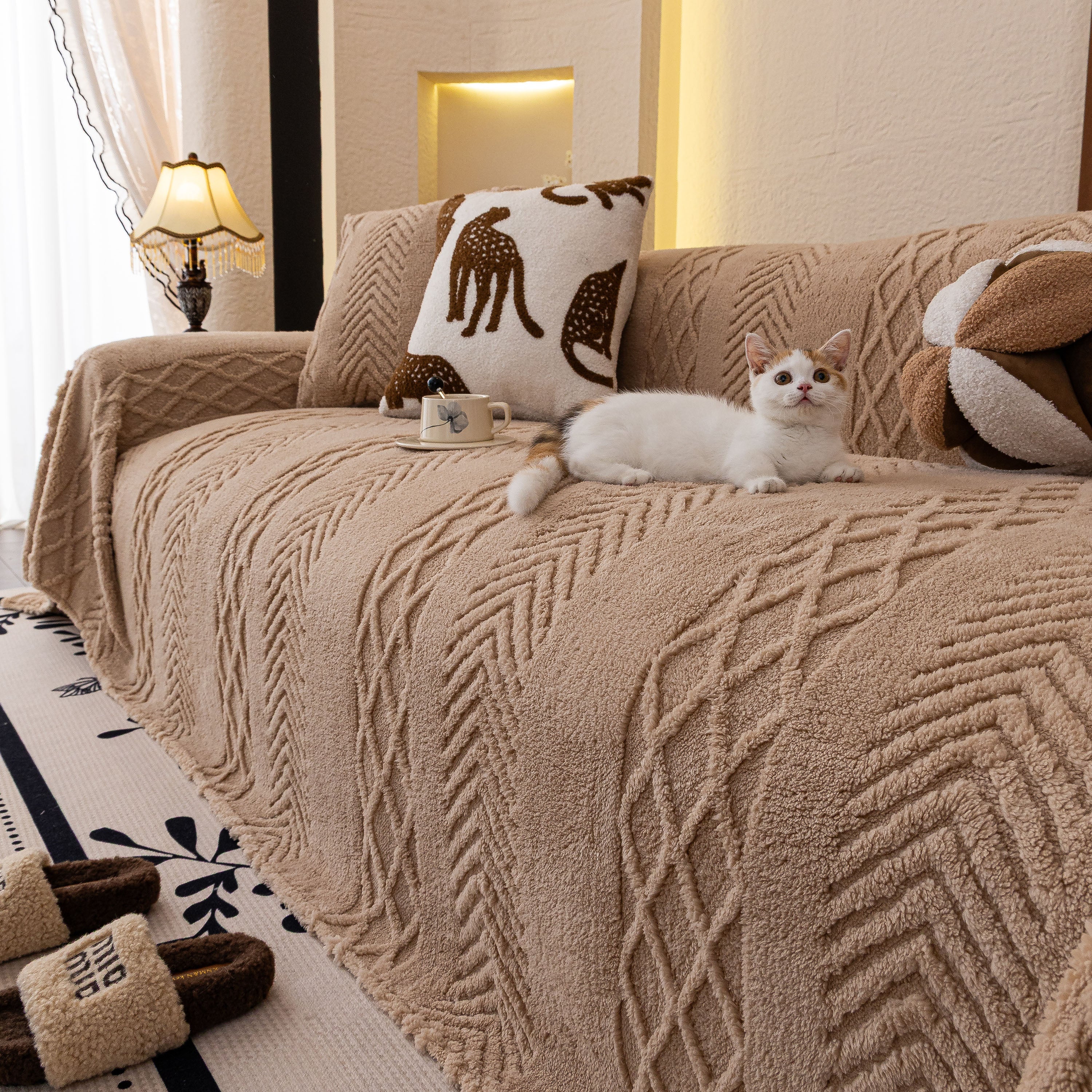 Plush Sherpa Fleece Sofa Cover with 3D Cable Knit Texture, Soft Cozy Throw Blanket