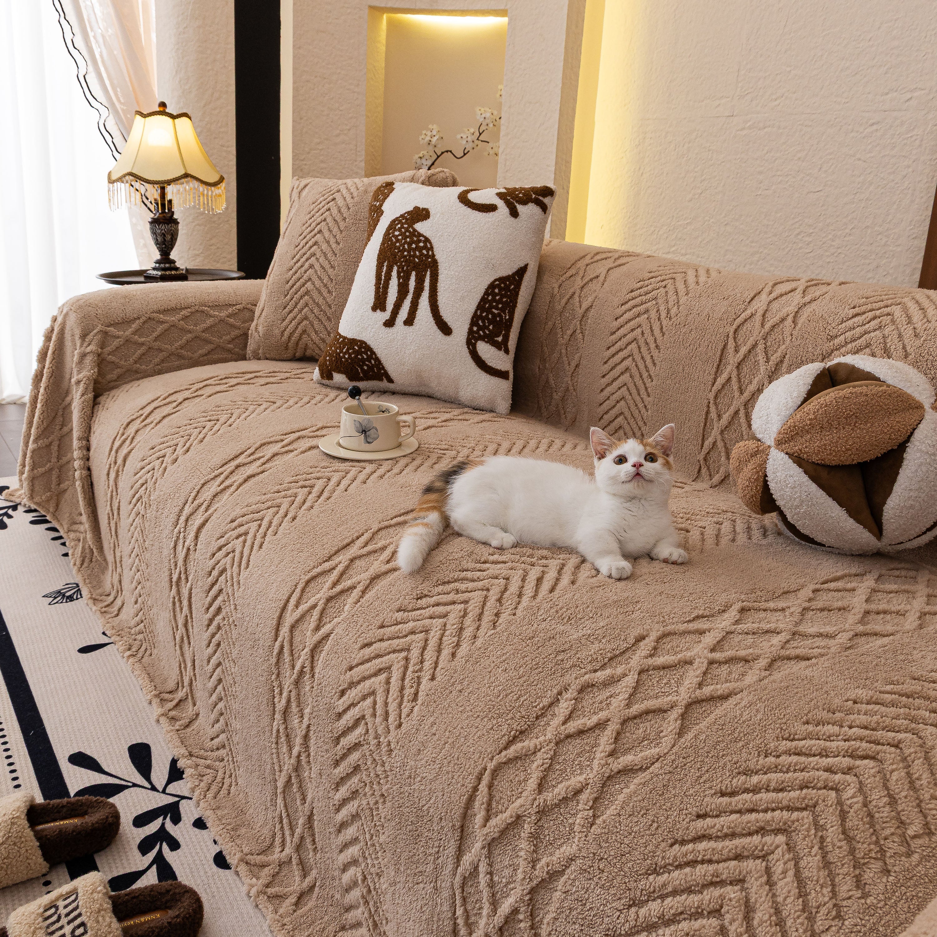Plush Sherpa Fleece Sofa Cover with 3D Cable Knit Texture, Soft Cozy Throw Blanket