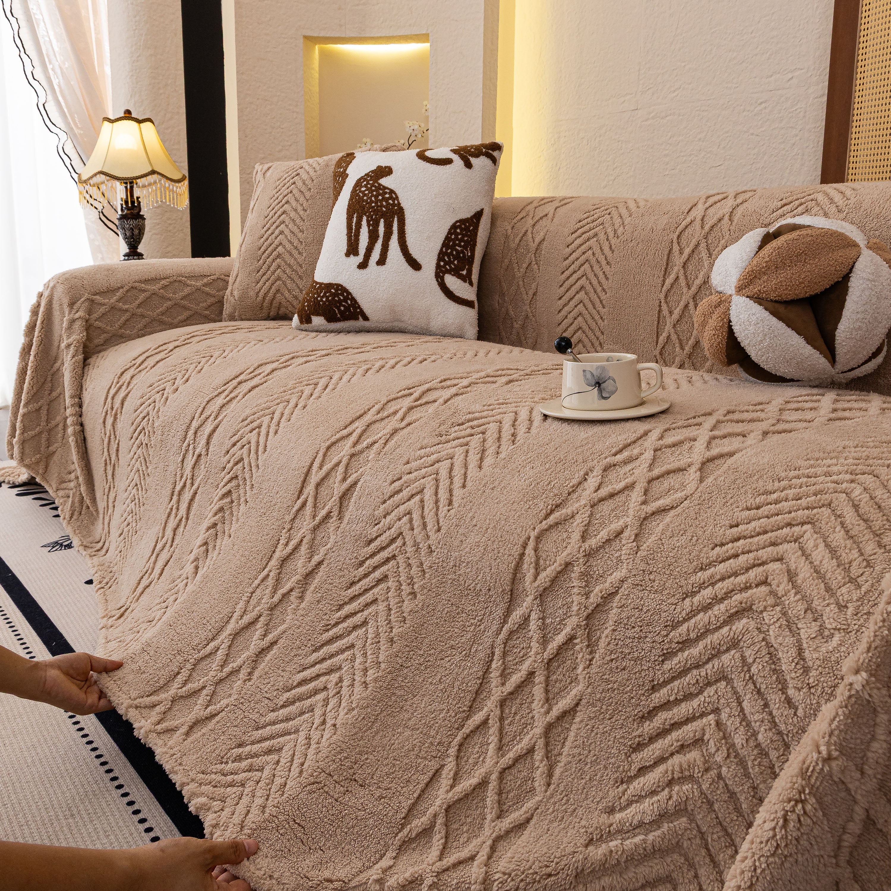 Plush Sherpa Fleece Sofa Cover with 3D Cable Knit Texture, Soft Cozy Throw Blanket