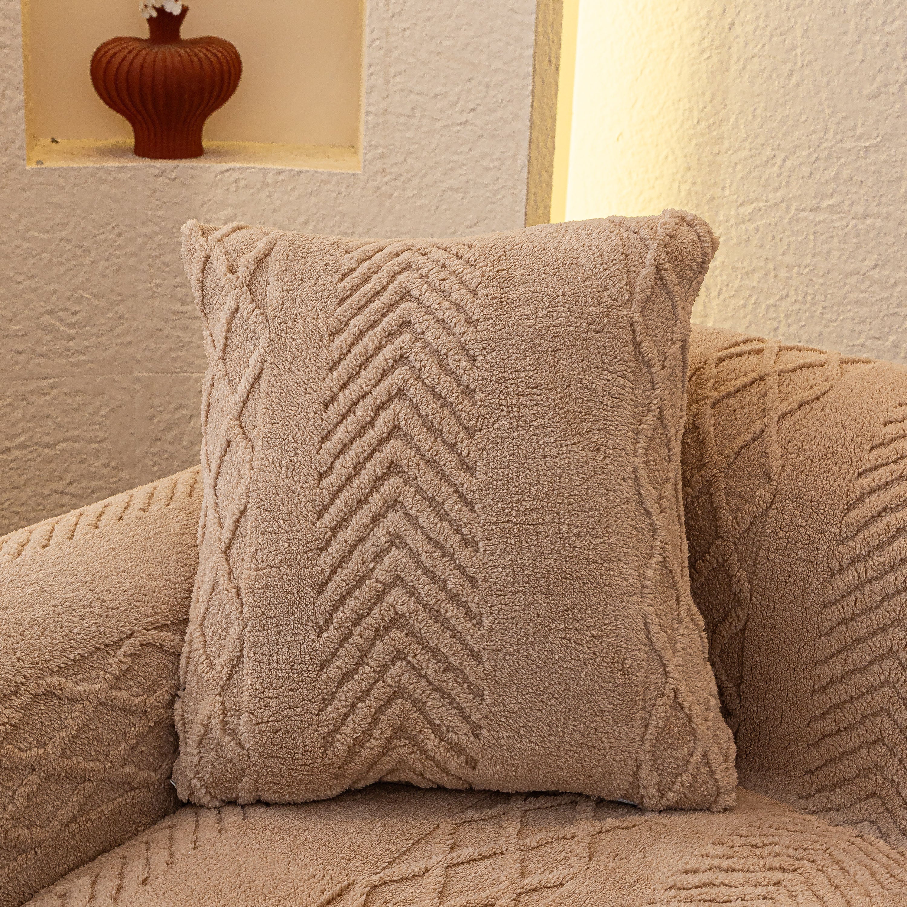 Plush Sherpa Fleece Sofa Cover with 3D Cable Knit Texture, Soft Cozy Throw Blanket