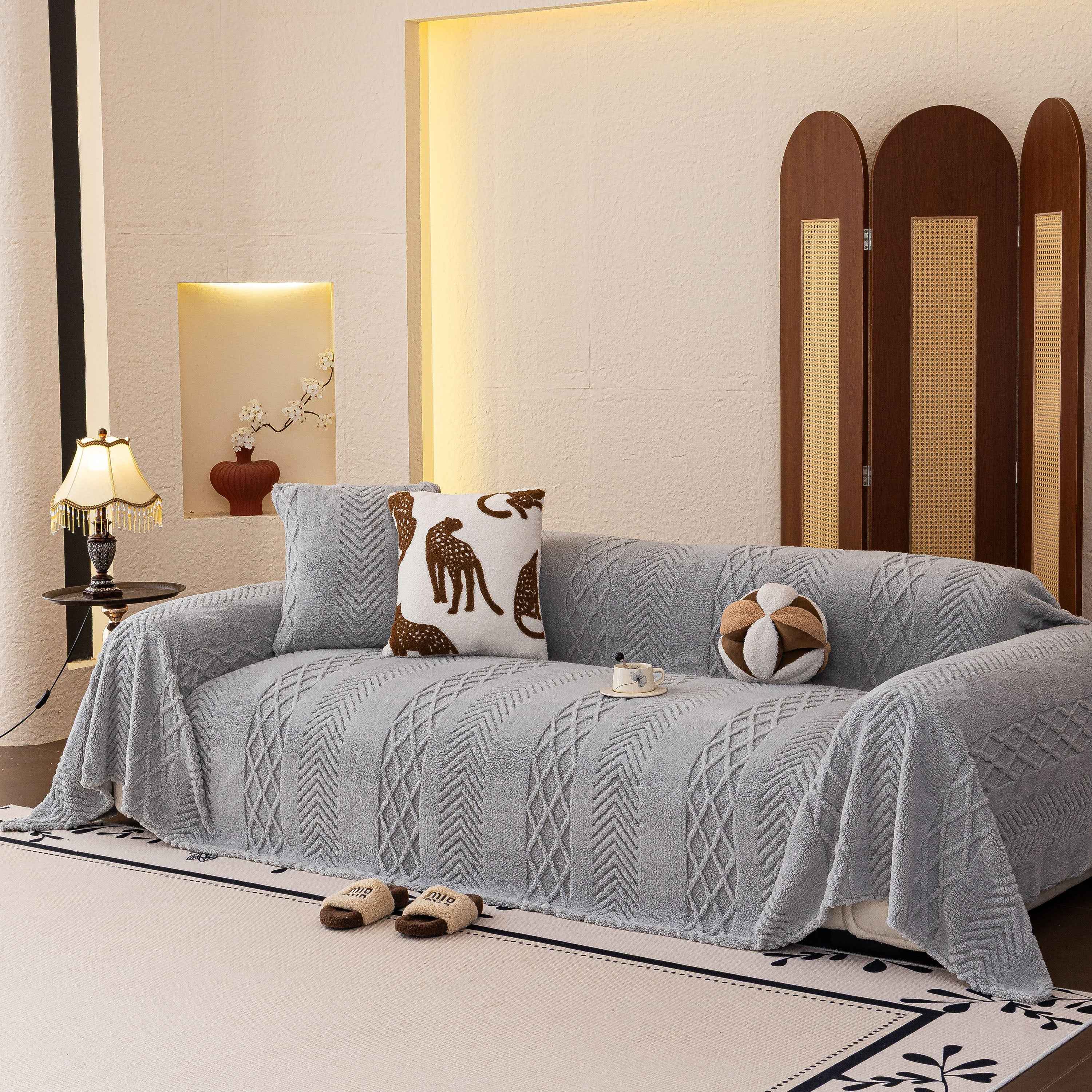 Plush Sherpa Fleece Sofa Cover with 3D Cable Knit Texture, Soft Cozy Throw Blanket