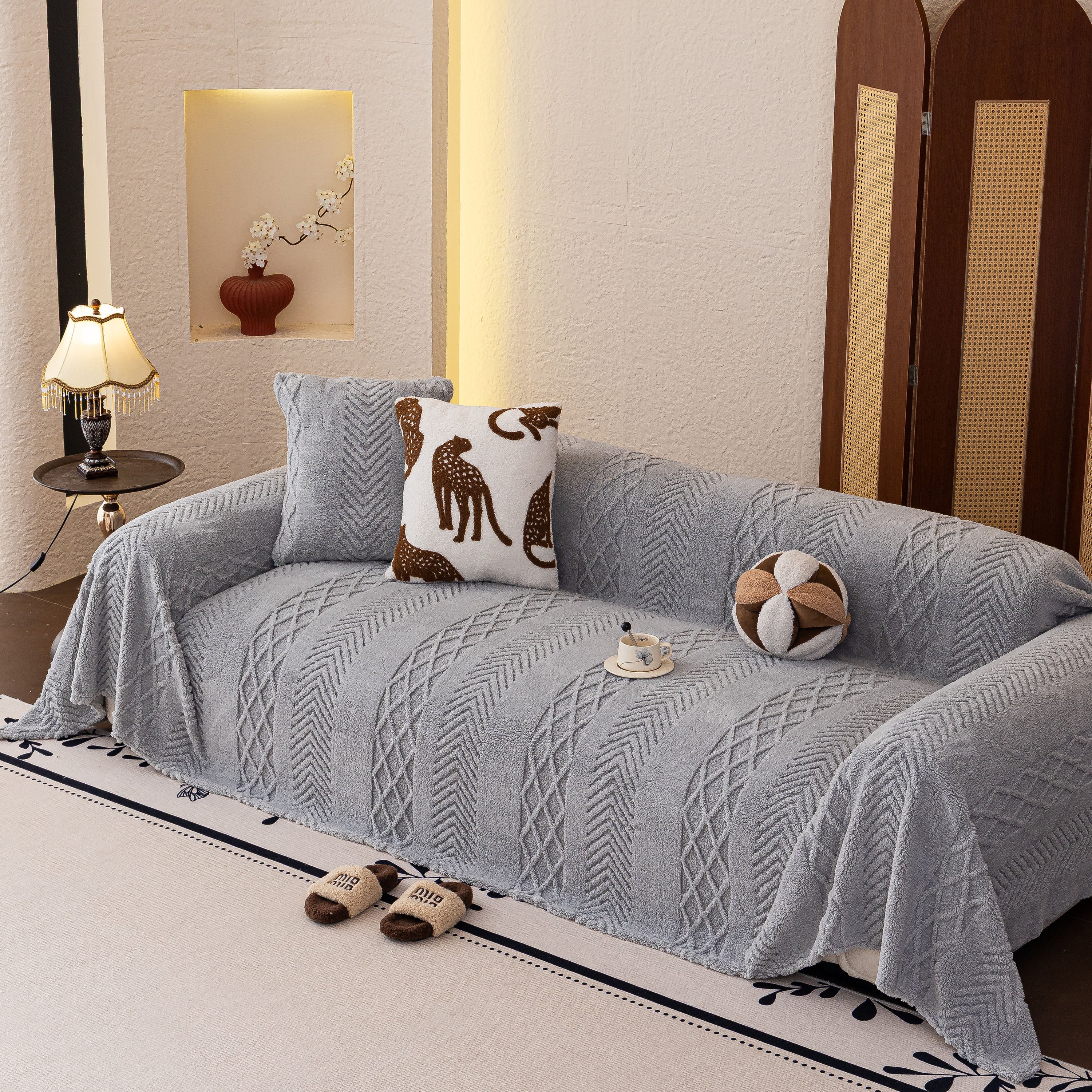 Plush Sherpa Fleece Sofa Cover with 3D Cable Knit Texture, Soft Cozy Throw Blanket