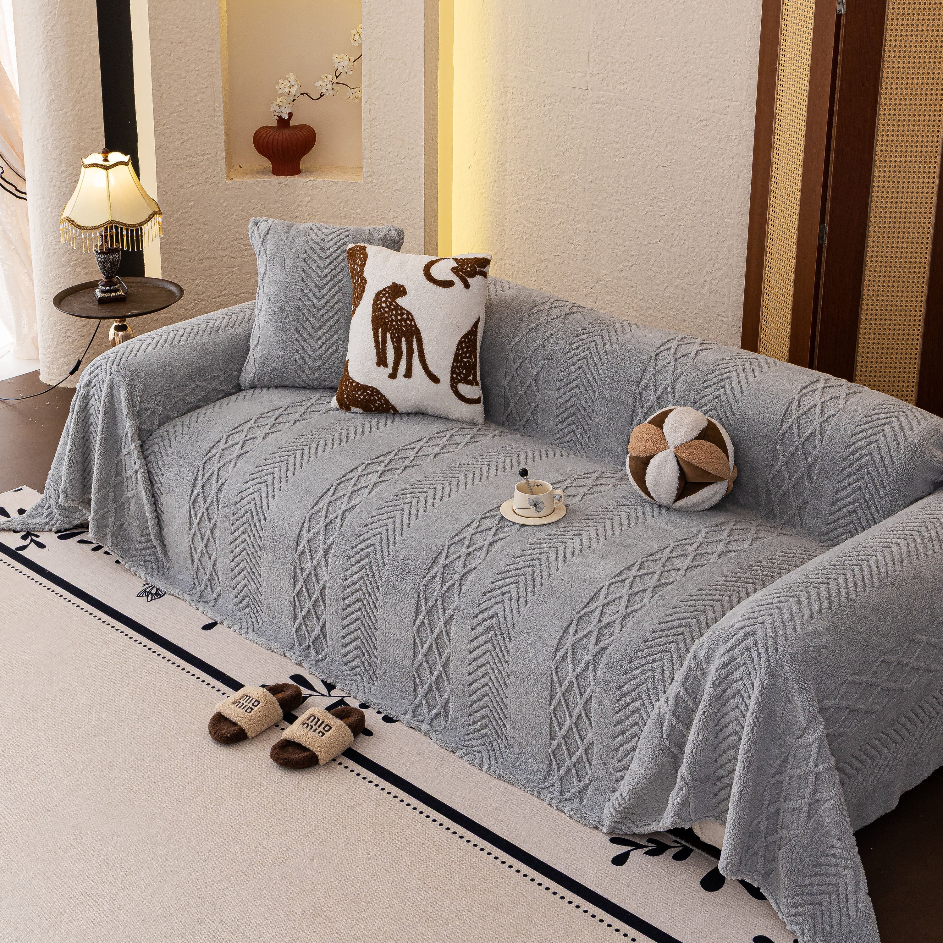 Plush Sherpa Fleece Sofa Cover with 3D Cable Knit Texture, Soft Cozy Throw Blanket