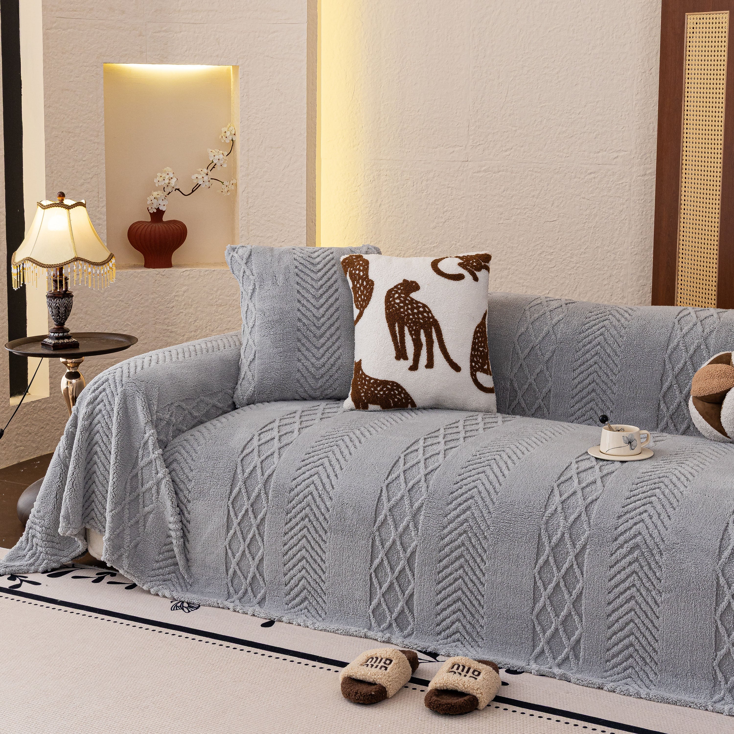 Plush Sherpa Fleece Sofa Cover with 3D Cable Knit Texture, Soft Cozy Throw Blanket