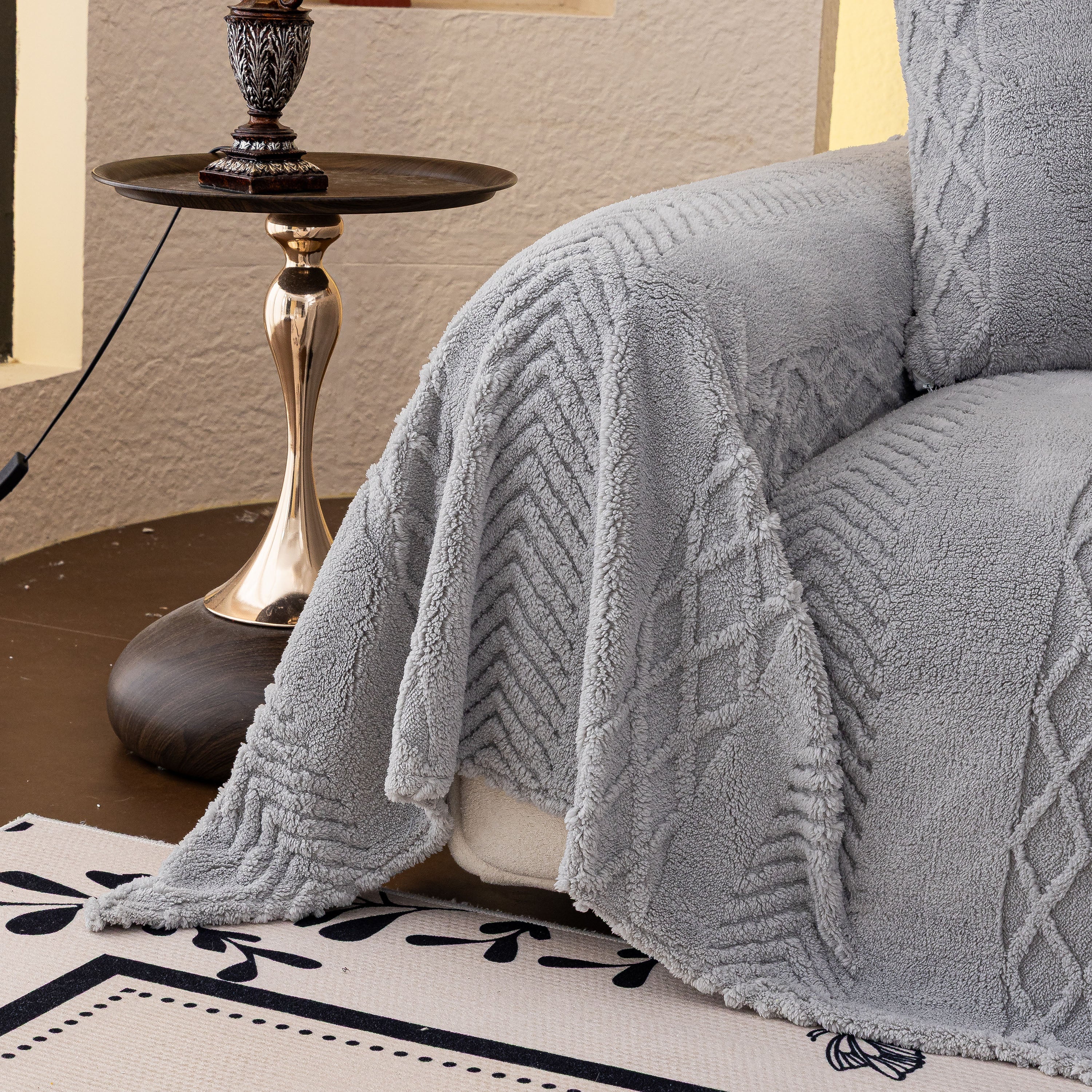 Plush Sherpa Fleece Sofa Cover with 3D Cable Knit Texture, Soft Cozy Throw Blanket