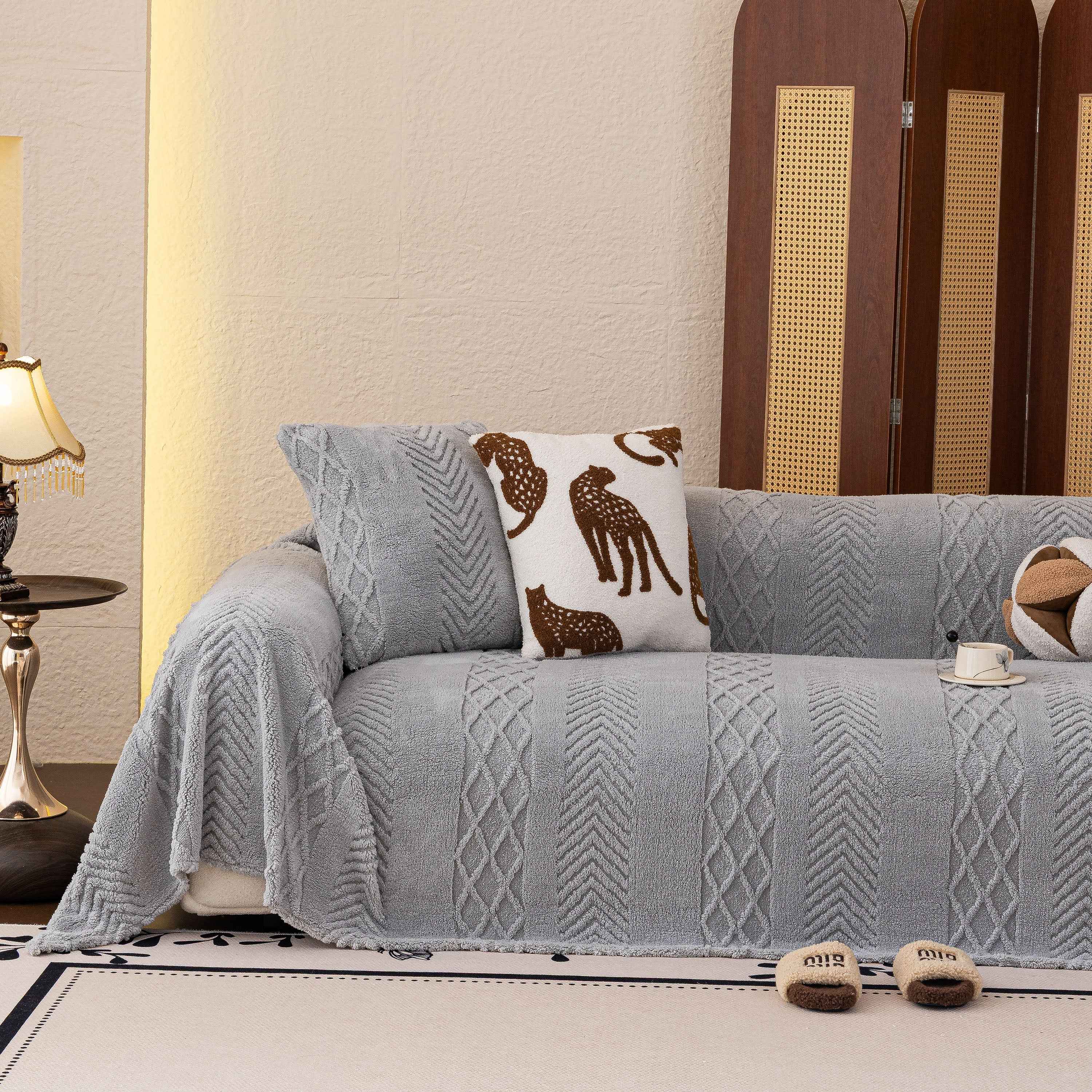Plush Sherpa Fleece Sofa Cover with 3D Cable Knit Texture, Soft Cozy Throw Blanket