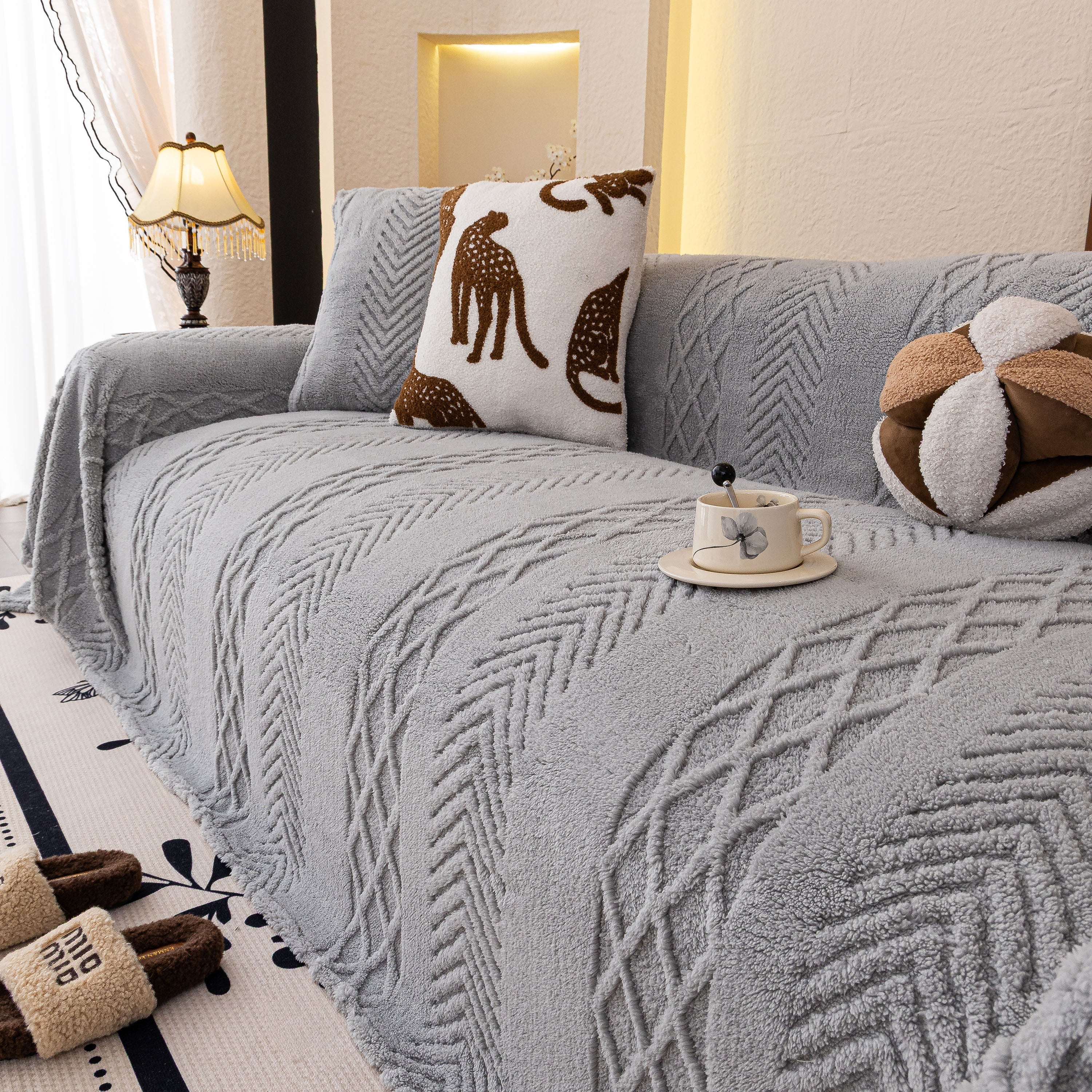 Plush Sherpa Fleece Sofa Cover with 3D Cable Knit Texture, Soft Cozy Throw Blanket