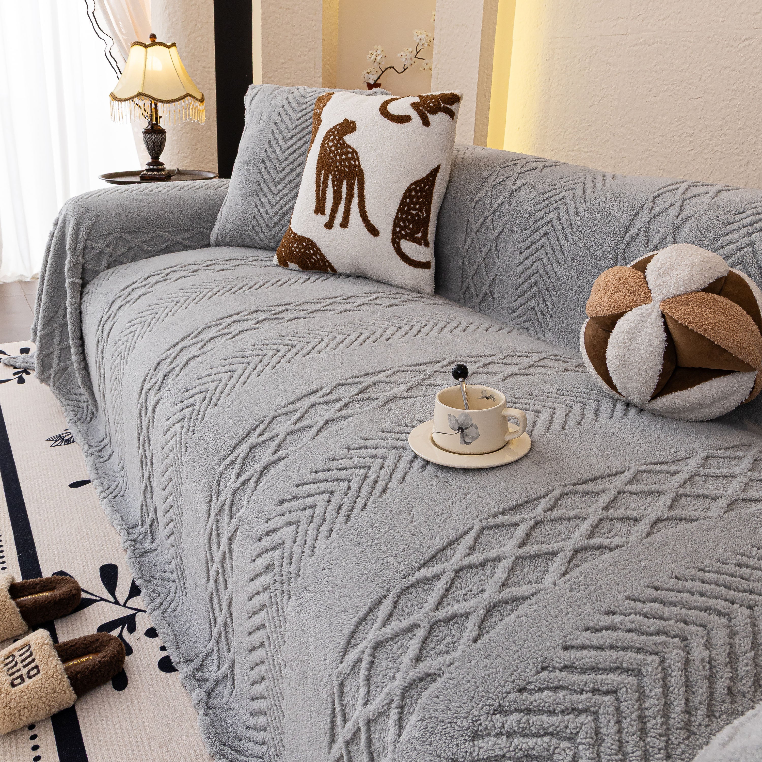 Plush Sherpa Fleece Sofa Cover with 3D Cable Knit Texture, Soft Cozy Throw Blanket