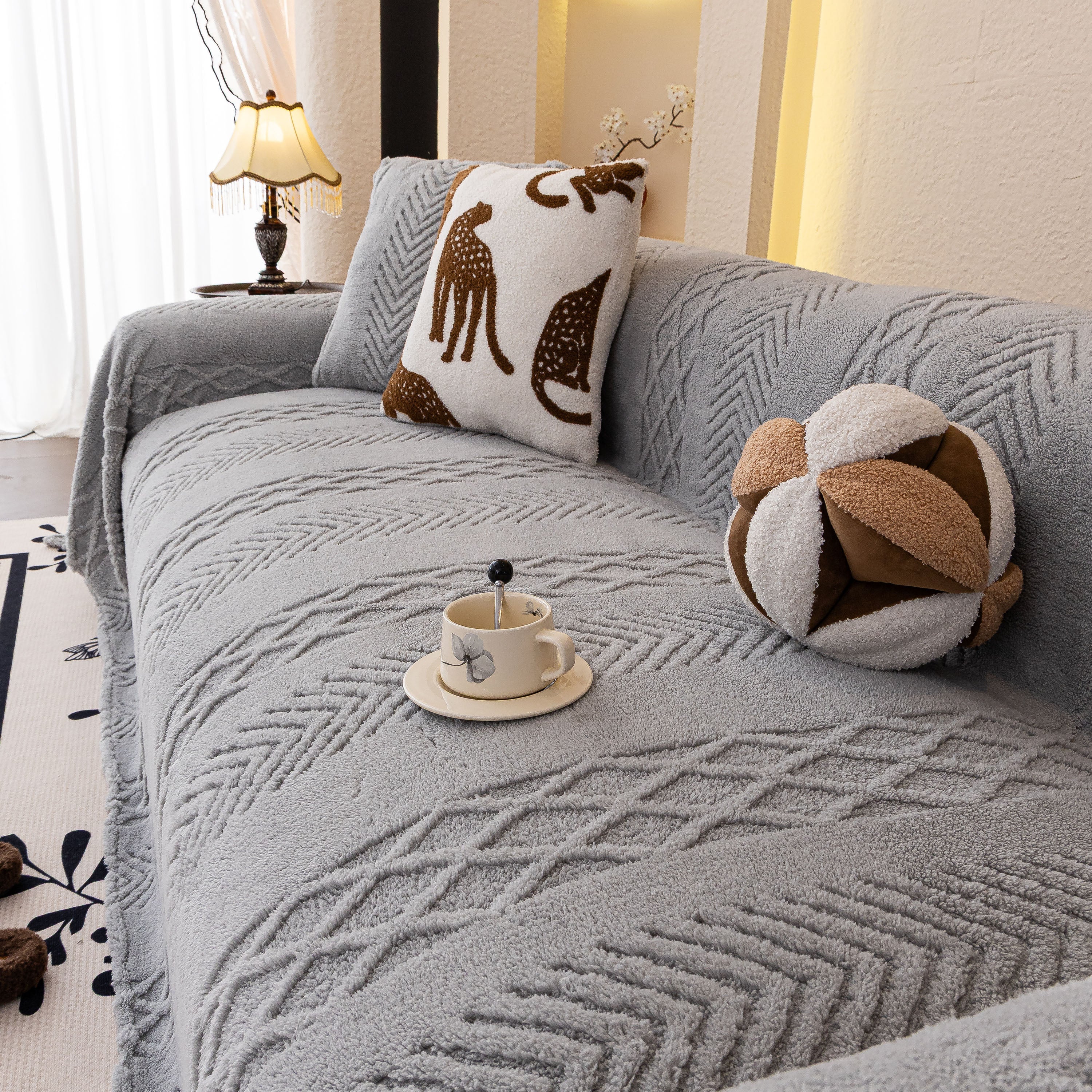 Plush Sherpa Fleece Sofa Cover with 3D Cable Knit Texture, Soft Cozy Throw Blanket