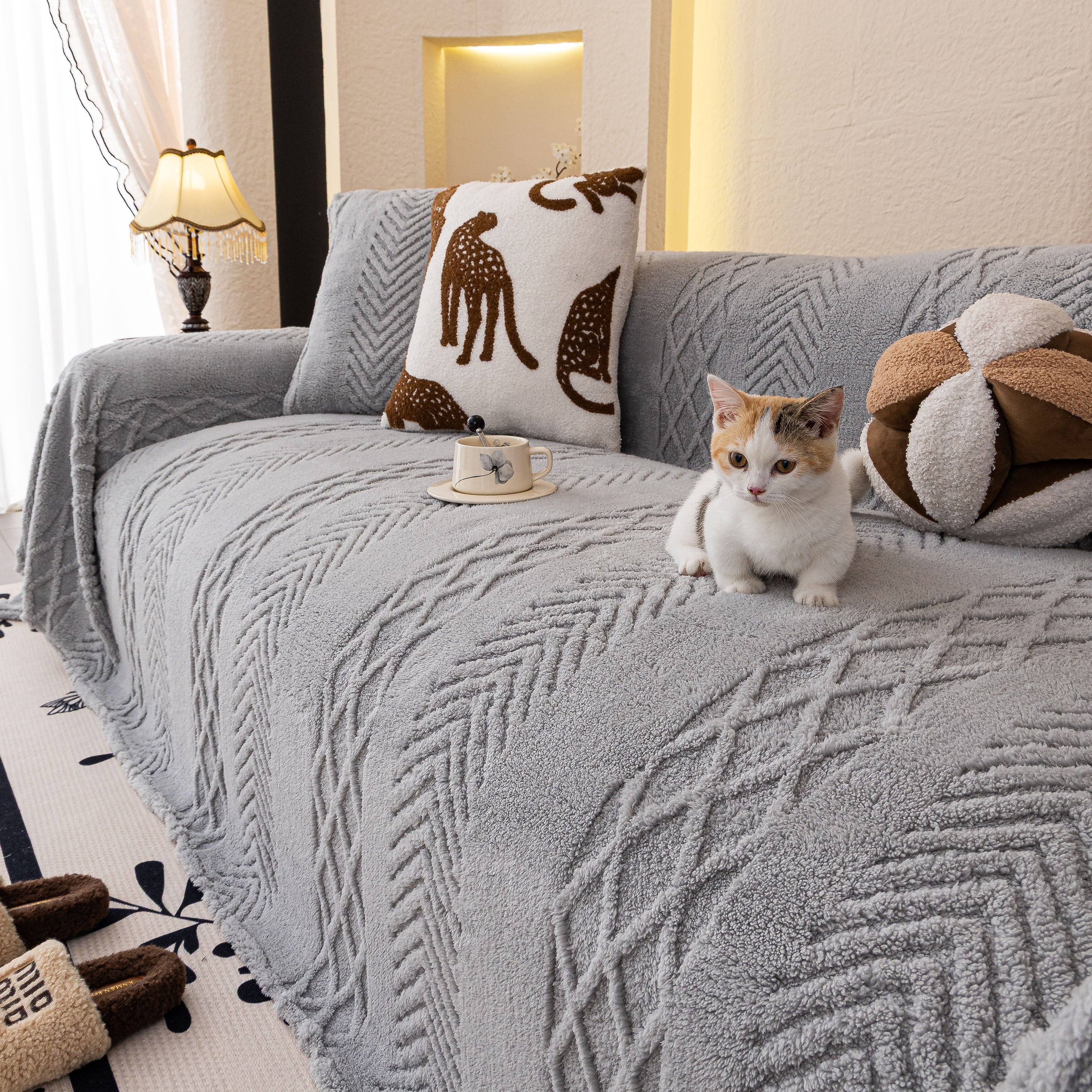Plush Sherpa Fleece Sofa Cover with 3D Cable Knit Texture, Soft Cozy Throw Blanket