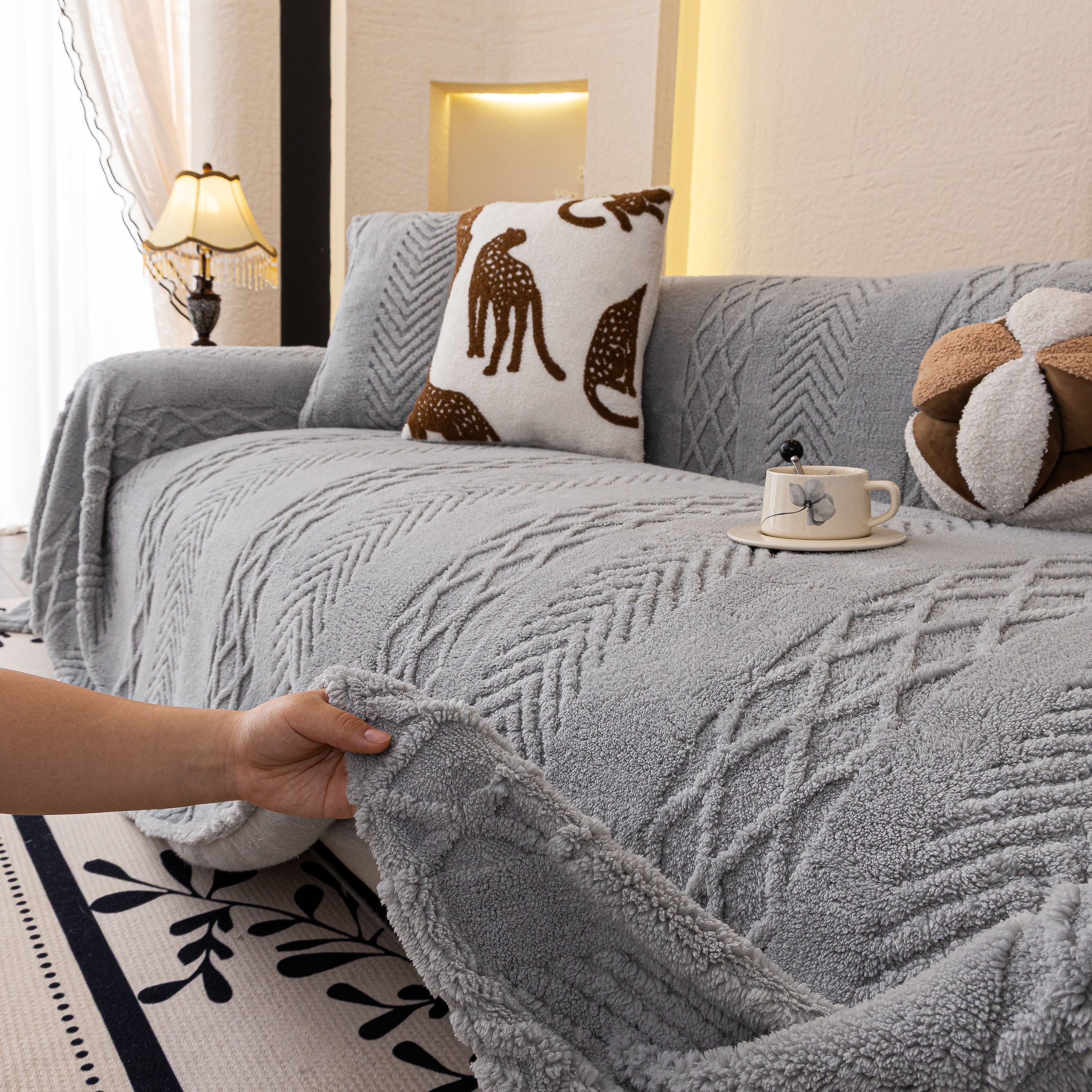 Plush Sherpa Fleece Sofa Cover with 3D Cable Knit Texture, Soft Cozy Throw Blanket