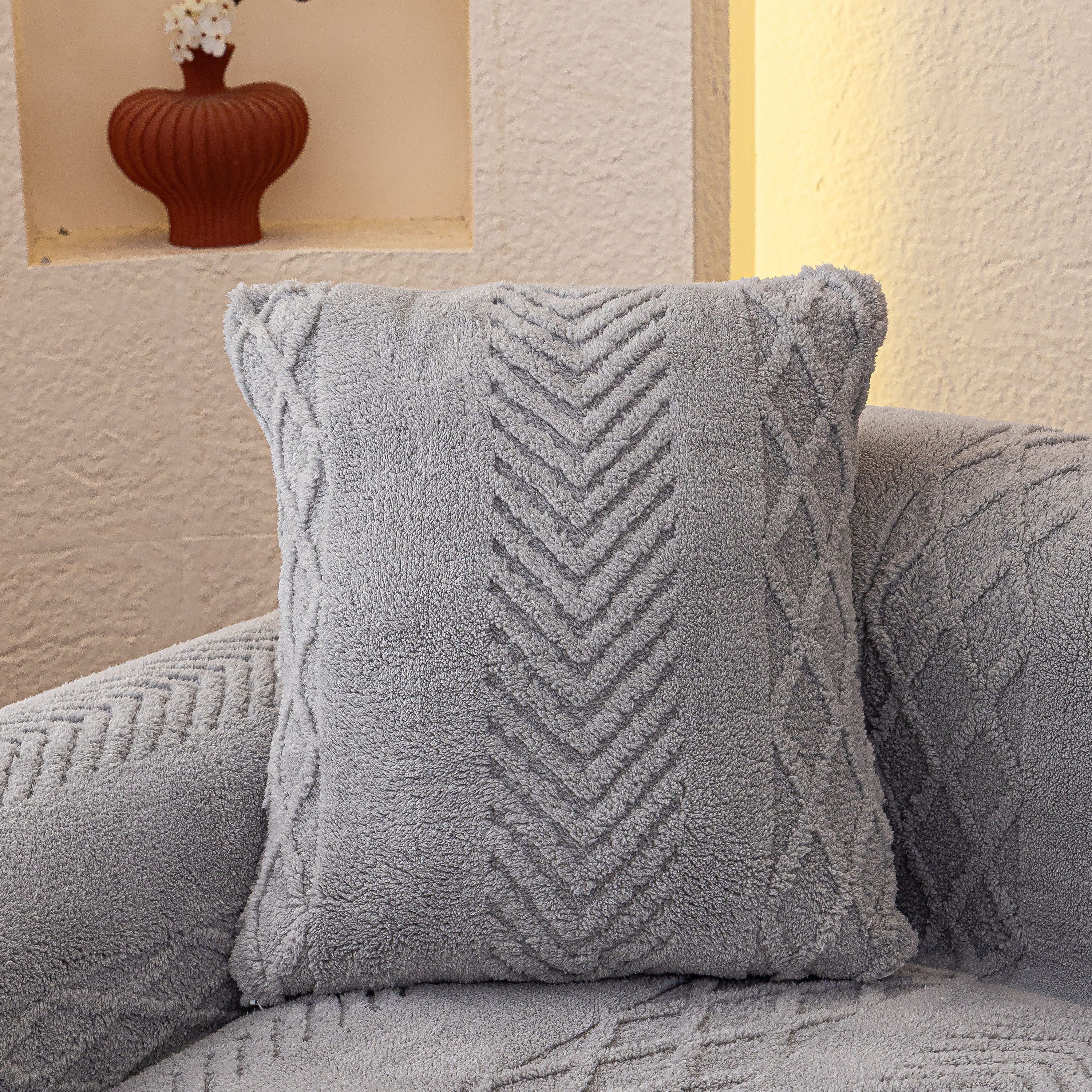 Plush Sherpa Fleece Sofa Cover with 3D Cable Knit Texture, Soft Cozy Throw Blanket