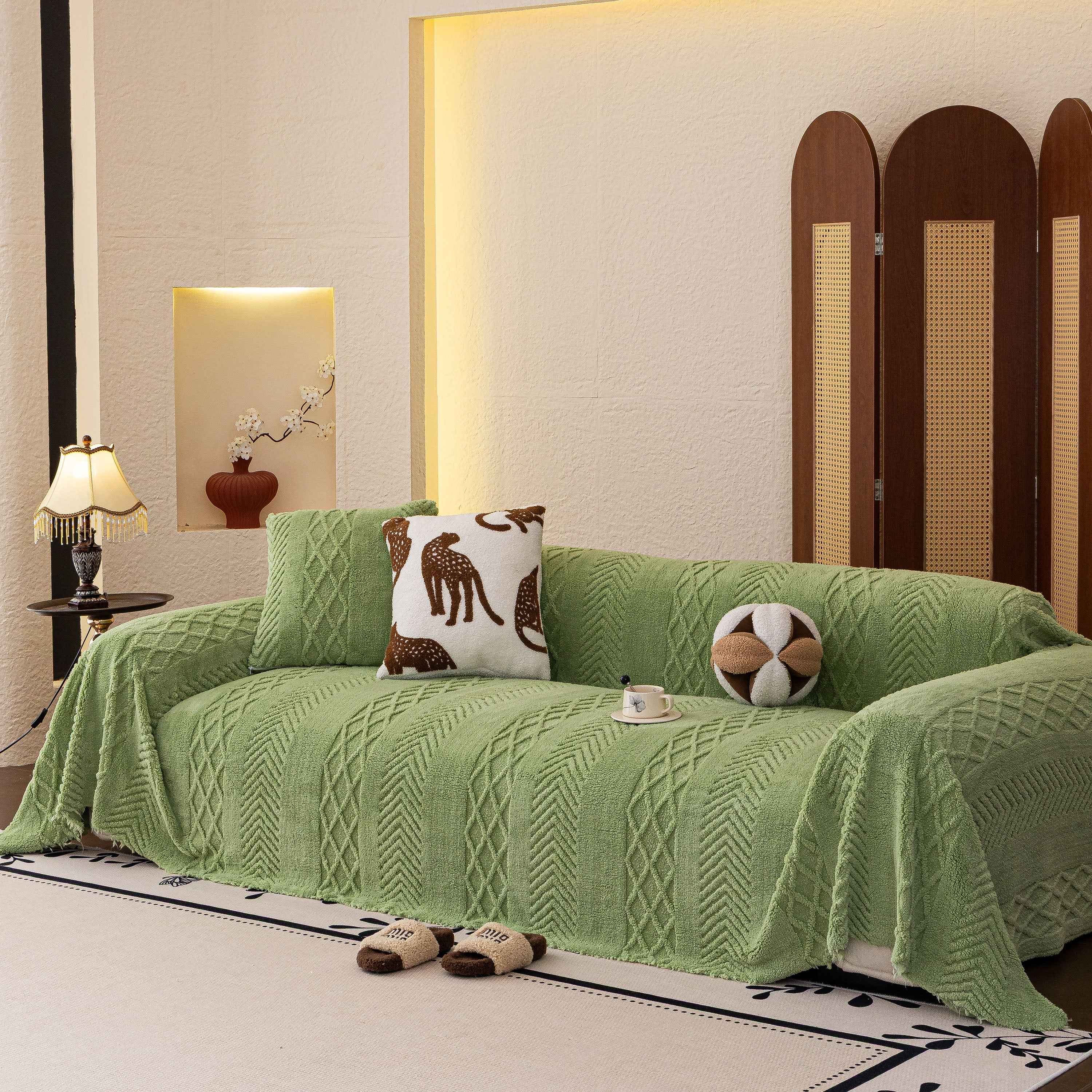 Plush Sherpa Fleece Sofa Cover with 3D Cable Knit Texture, Soft Cozy Throw Blanket