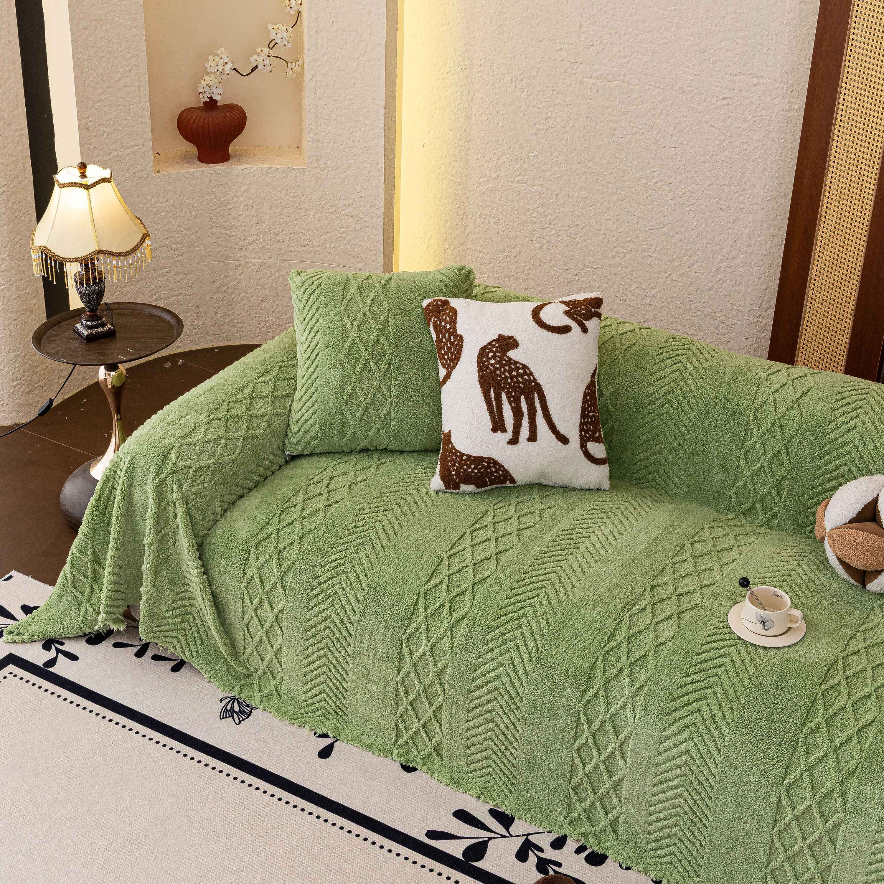 Plush Sherpa Fleece Sofa Cover with 3D Cable Knit Texture, Soft Cozy Throw Blanket