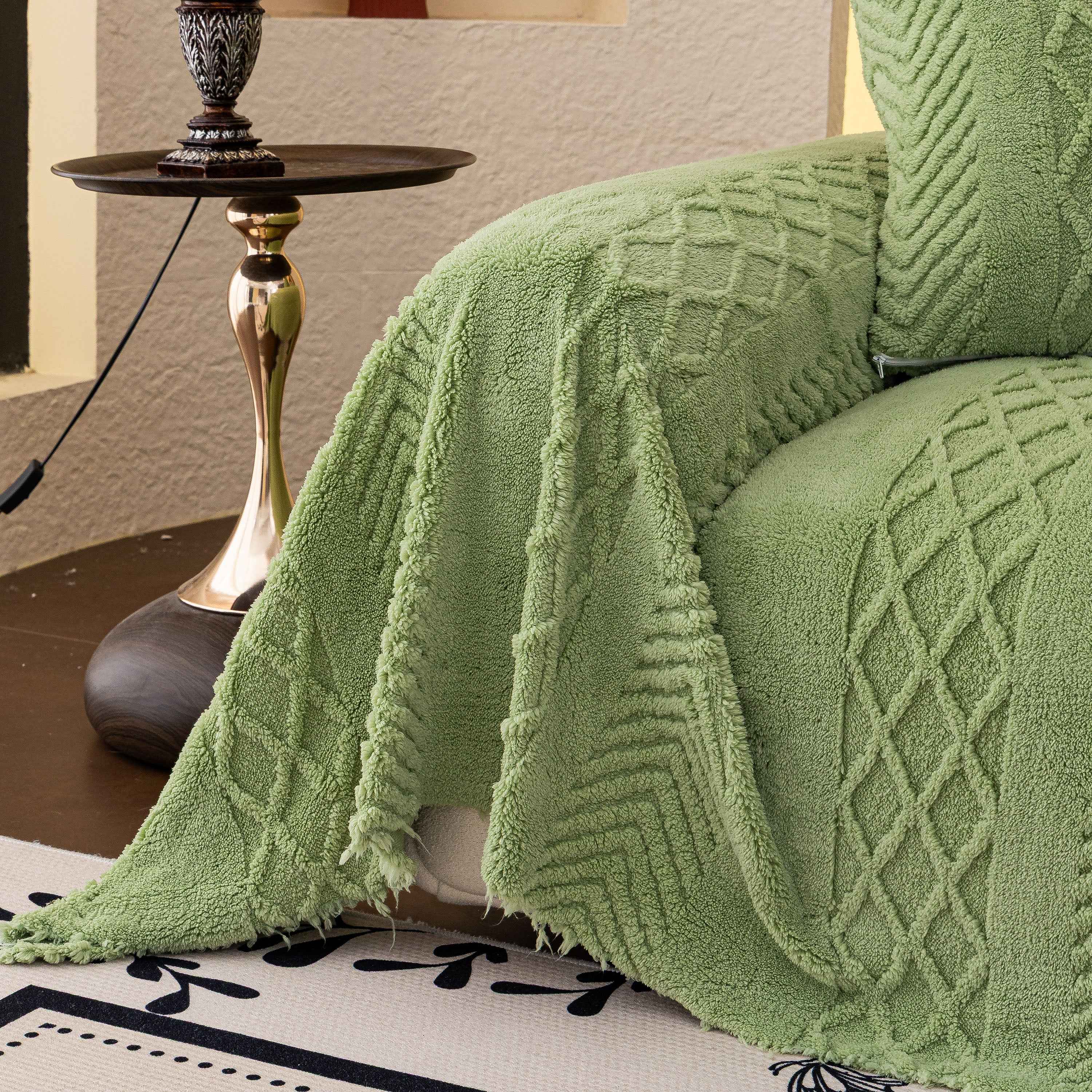 Plush Sherpa Fleece Sofa Cover with 3D Cable Knit Texture, Soft Cozy Throw Blanket