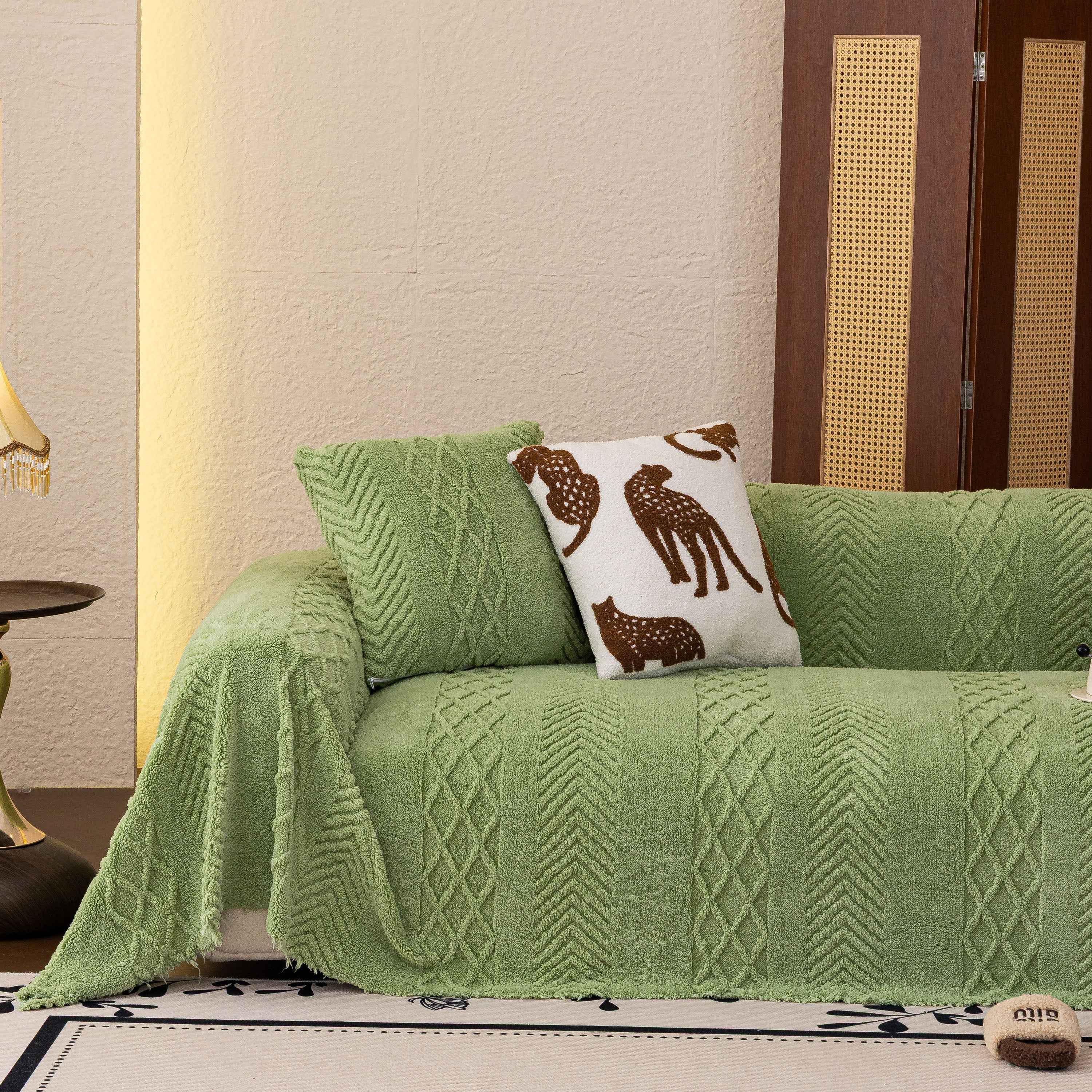 Plush Sherpa Fleece Sofa Cover with 3D Cable Knit Texture, Soft Cozy Throw Blanket