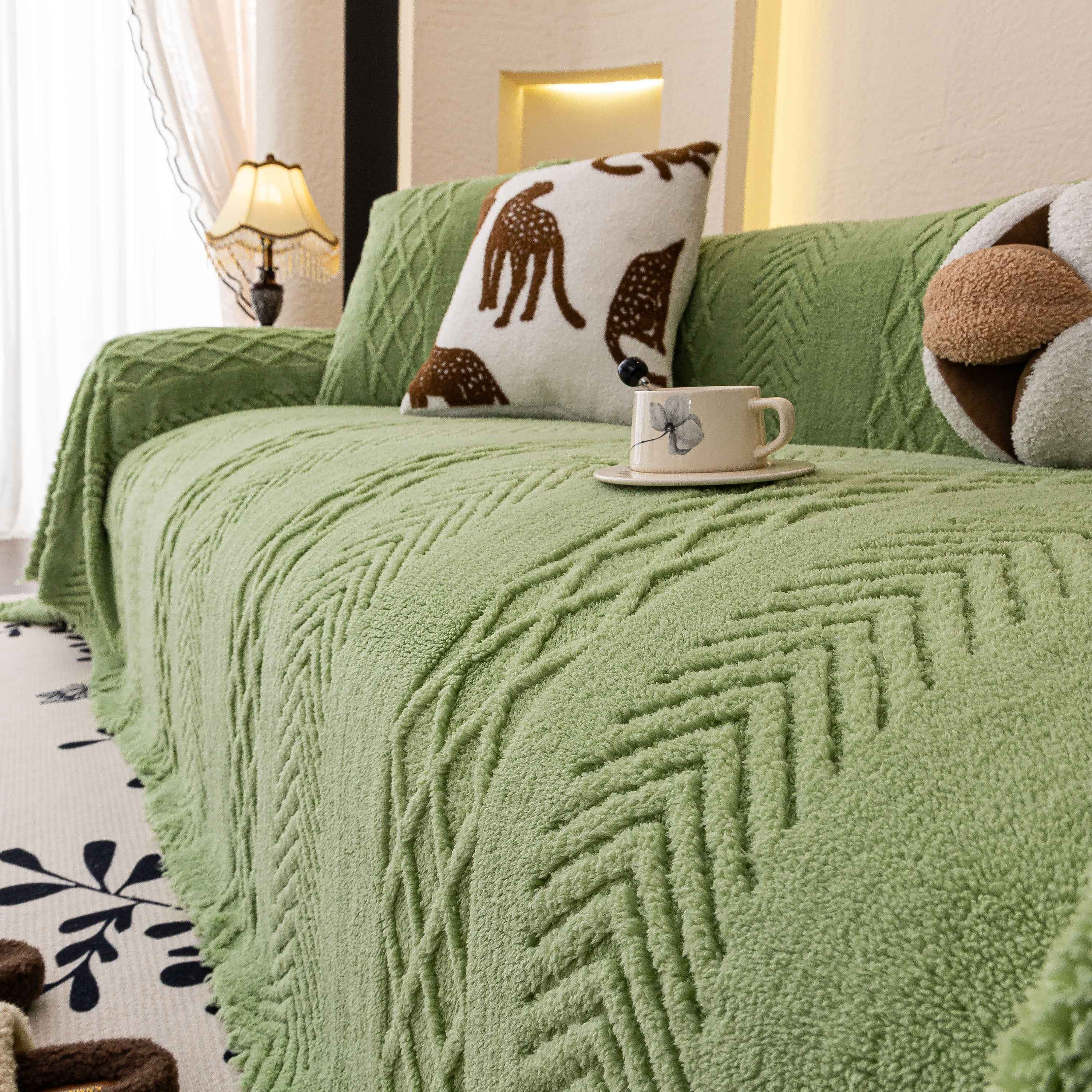 Plush Sherpa Fleece Sofa Cover with 3D Cable Knit Texture, Soft Cozy Throw Blanket