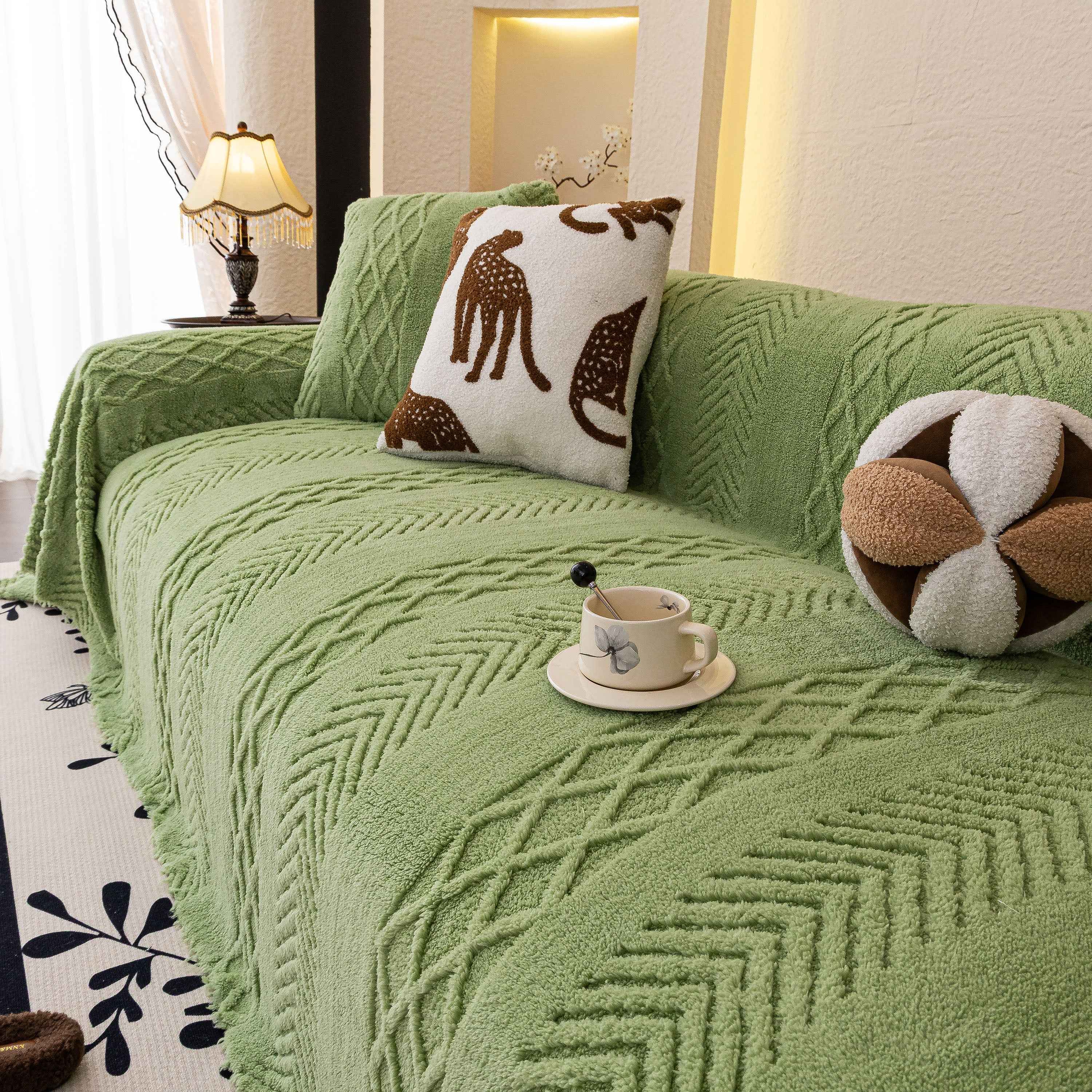 Plush Sherpa Fleece Sofa Cover with 3D Cable Knit Texture, Soft Cozy Throw Blanket