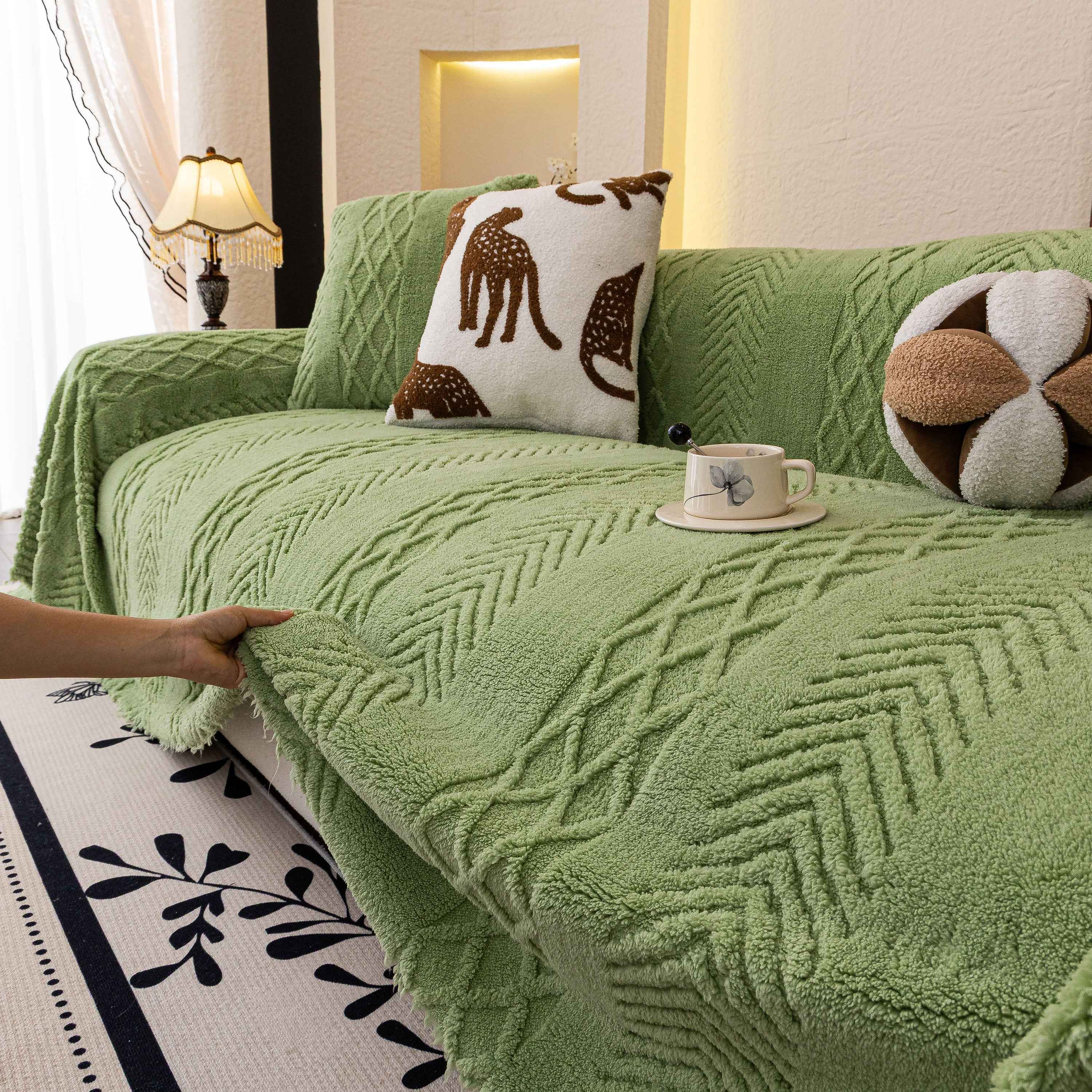 Plush Sherpa Fleece Sofa Cover with 3D Cable Knit Texture, Soft Cozy Throw Blanket