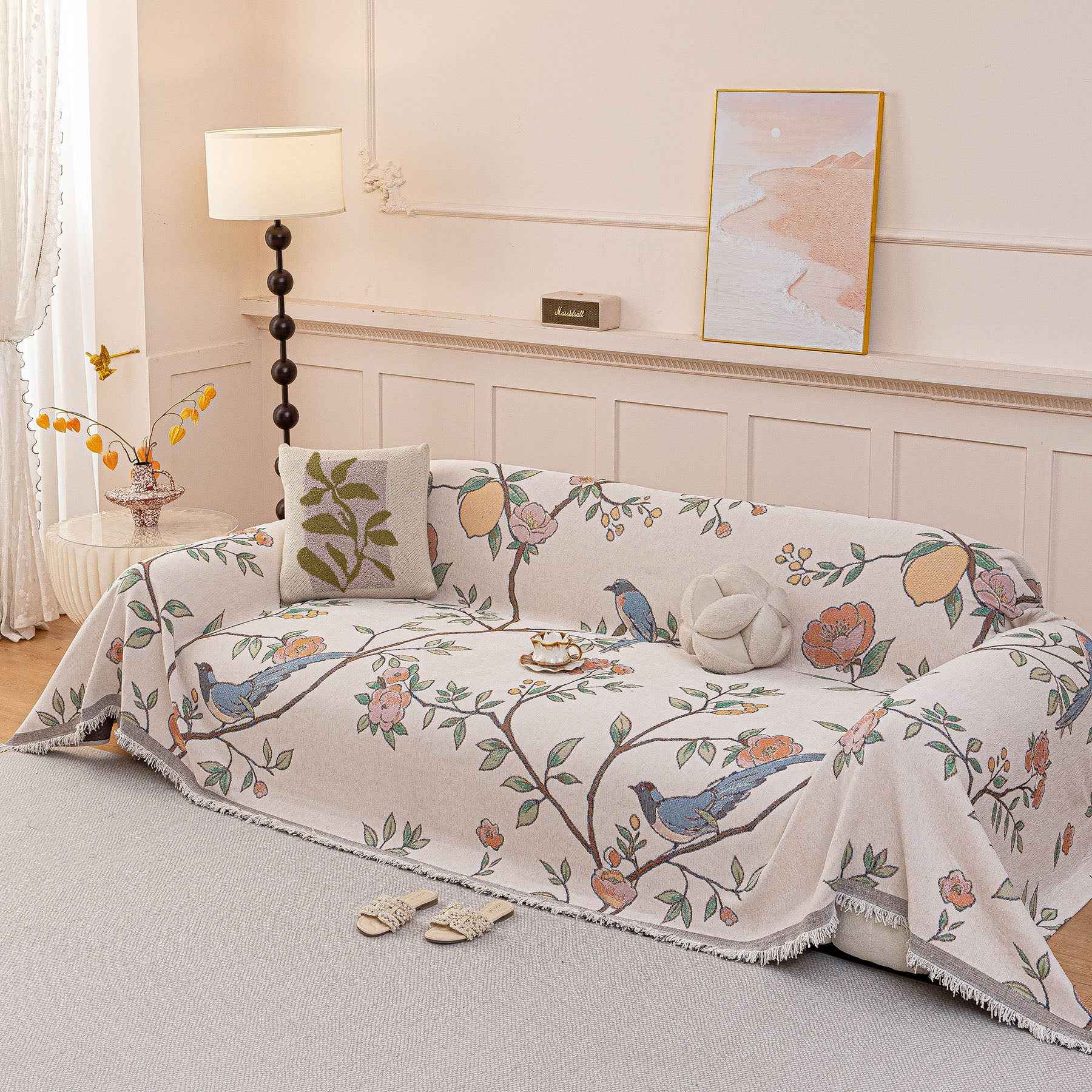 Farmhouse Chenille Sofa Throw Cover, Botanical Bird & Floral Jacquard Couch Protector