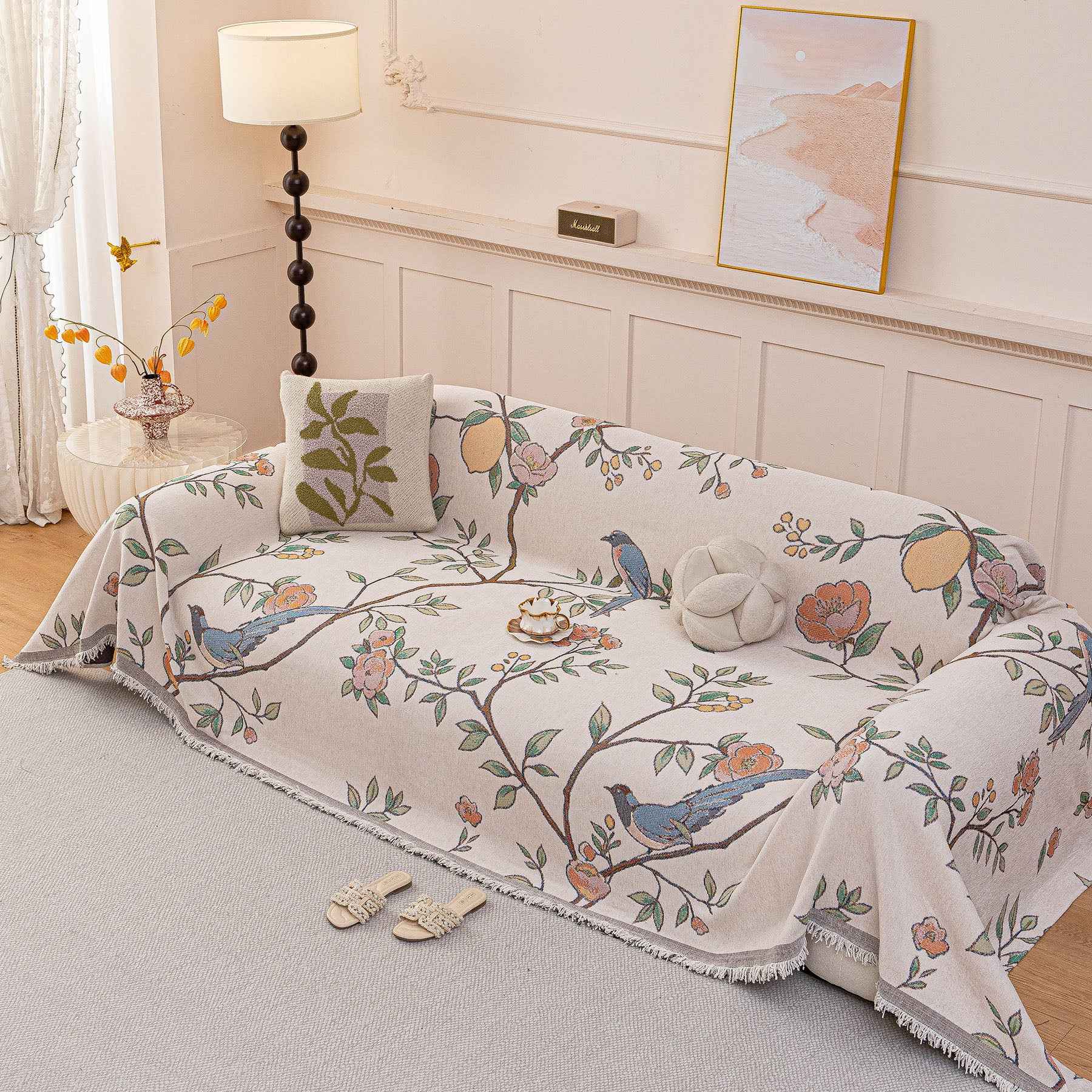 Farmhouse Chenille Sofa Throw Cover, Botanical Bird & Floral Jacquard Couch Protector