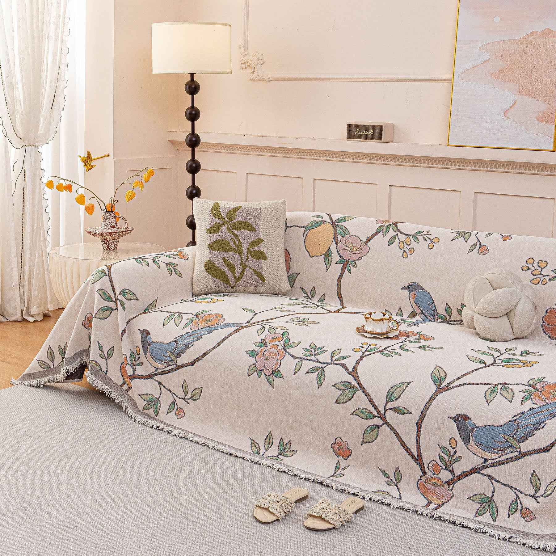 Farmhouse Chenille Sofa Throw Cover, Botanical Bird & Floral Jacquard Couch Protector