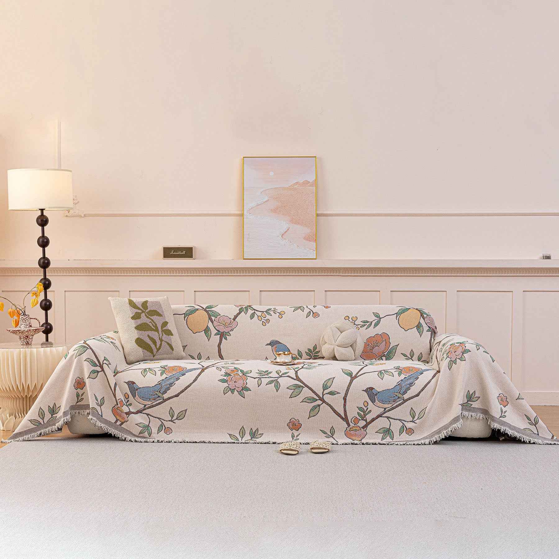 Farmhouse Chenille Sofa Throw Cover, Botanical Bird & Floral Jacquard Couch Protector