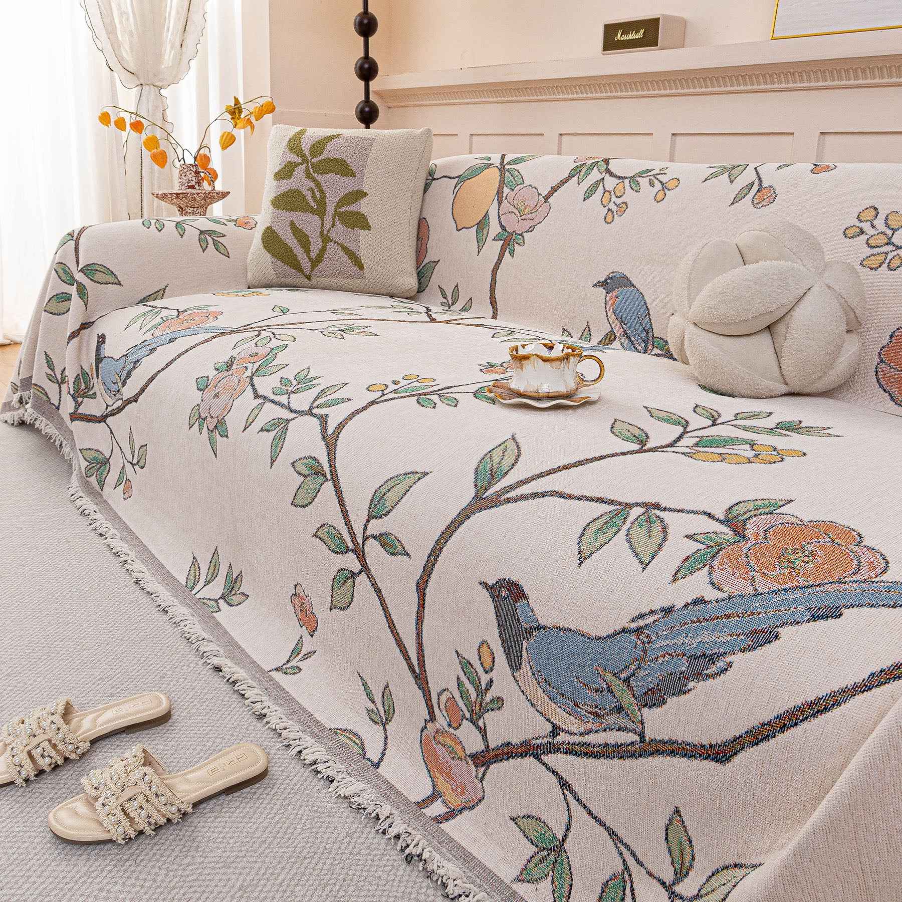 Farmhouse Chenille Sofa Throw Cover, Botanical Bird & Floral Jacquard Couch Protector