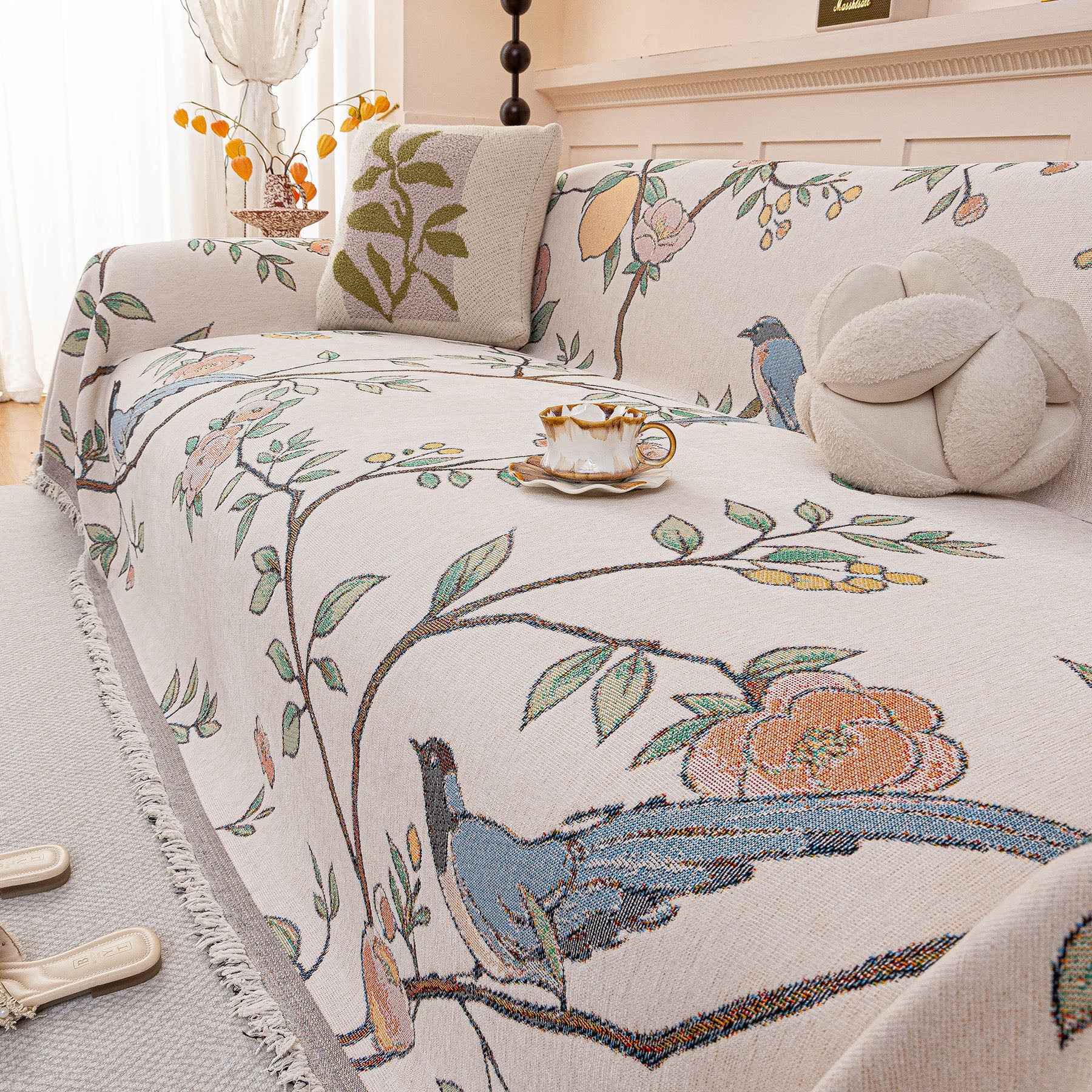 Farmhouse Chenille Sofa Throw Cover, Botanical Bird & Floral Jacquard Couch Protector