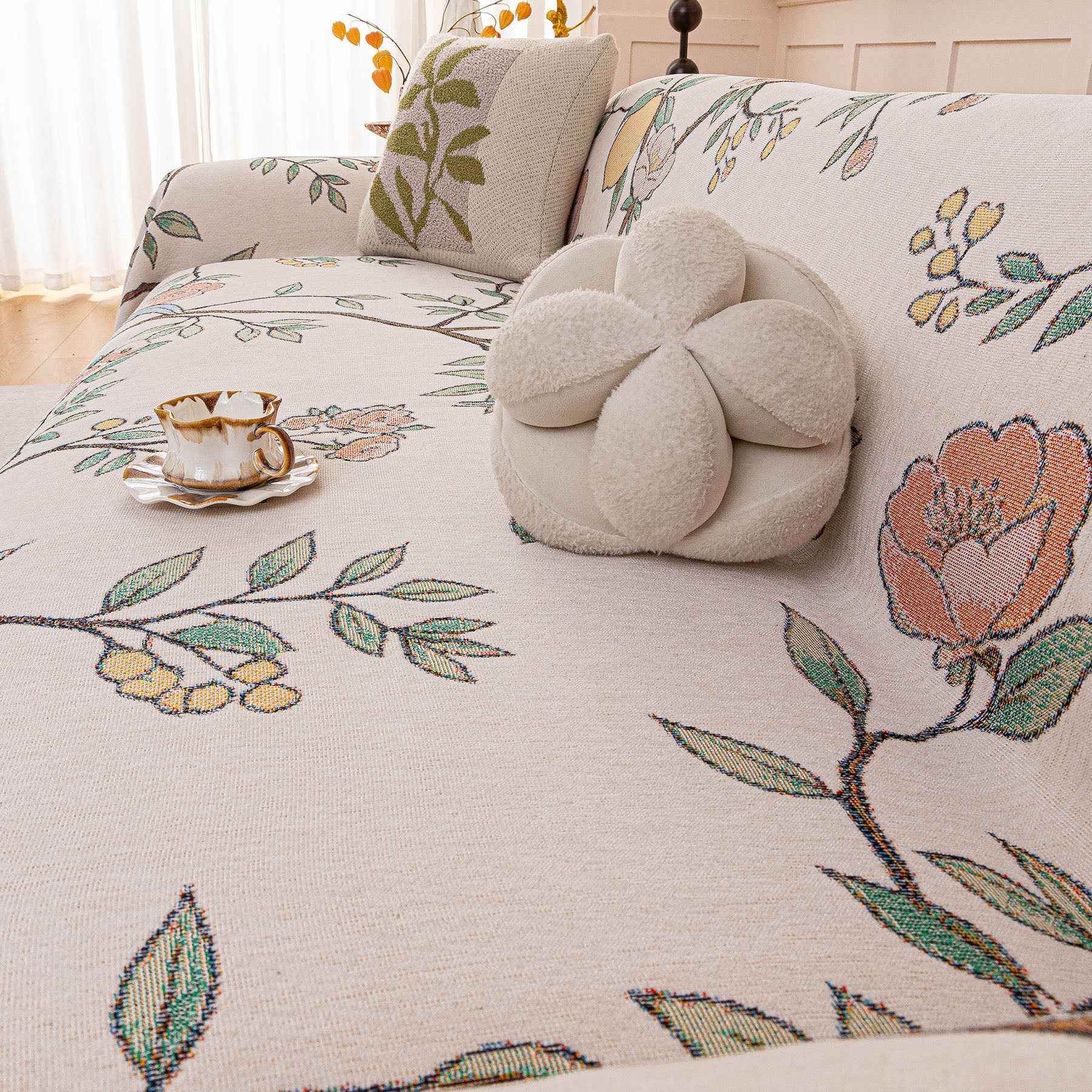 Farmhouse Chenille Sofa Throw Cover, Botanical Bird & Floral Jacquard Couch Protector
