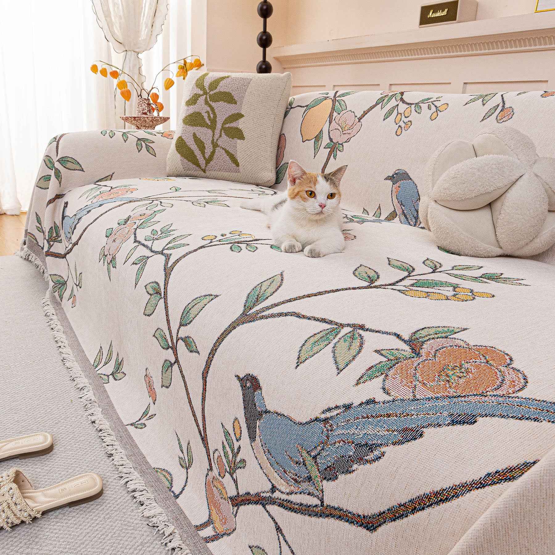 Farmhouse Chenille Sofa Throw Cover, Botanical Bird & Floral Jacquard Couch Protector