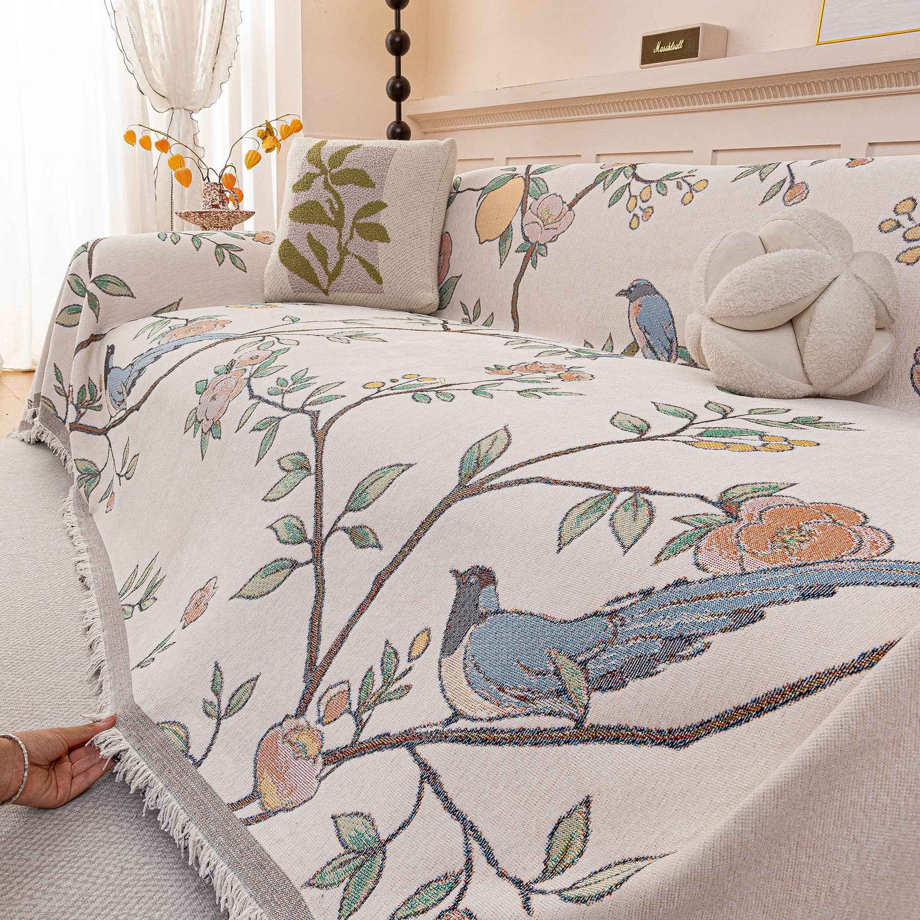 Farmhouse Chenille Sofa Throw Cover, Botanical Bird & Floral Jacquard Couch Protector