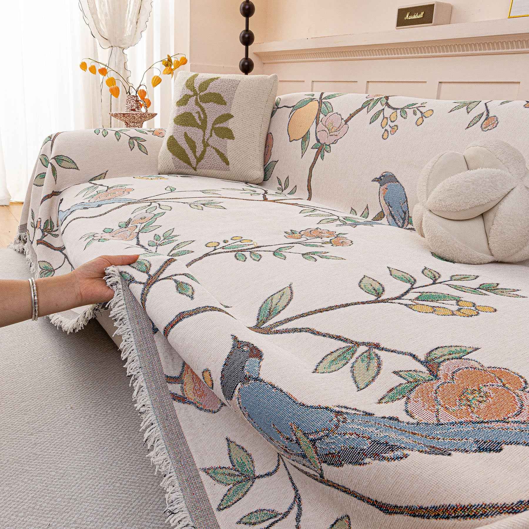 Farmhouse Chenille Sofa Throw Cover, Botanical Bird & Floral Jacquard Couch Protector