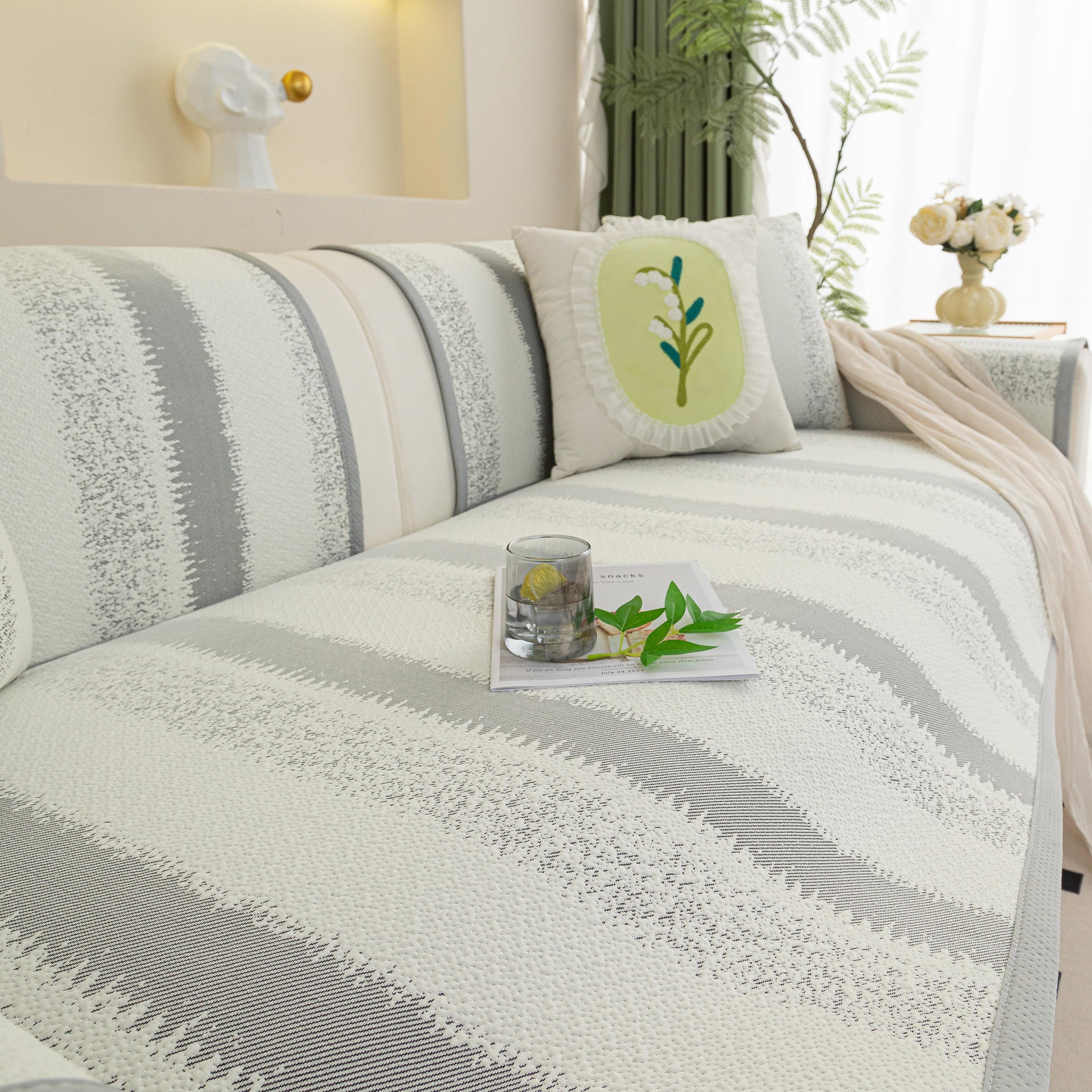 Striped Non-Slip Cooling Couch Cover, Summer Couch Pads for Seat Back Armrest