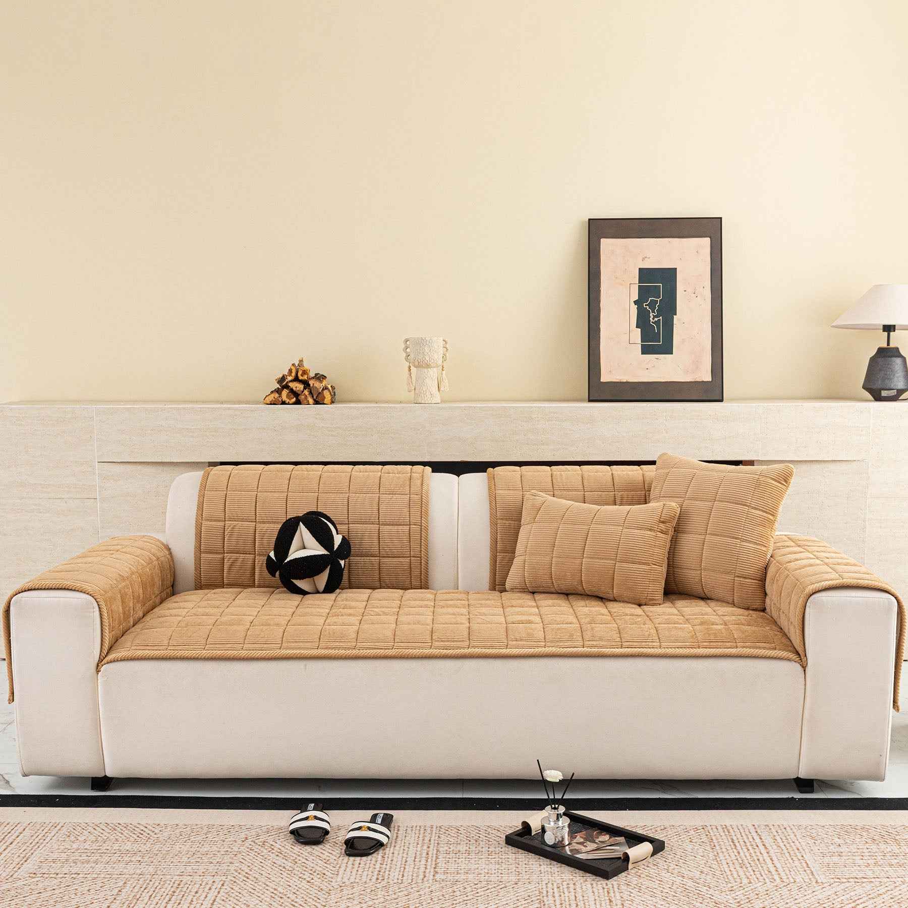 Quilted Corduroy Couch Topper, Non-Slip Soft Padded Sofa Protector for Pets & Kids