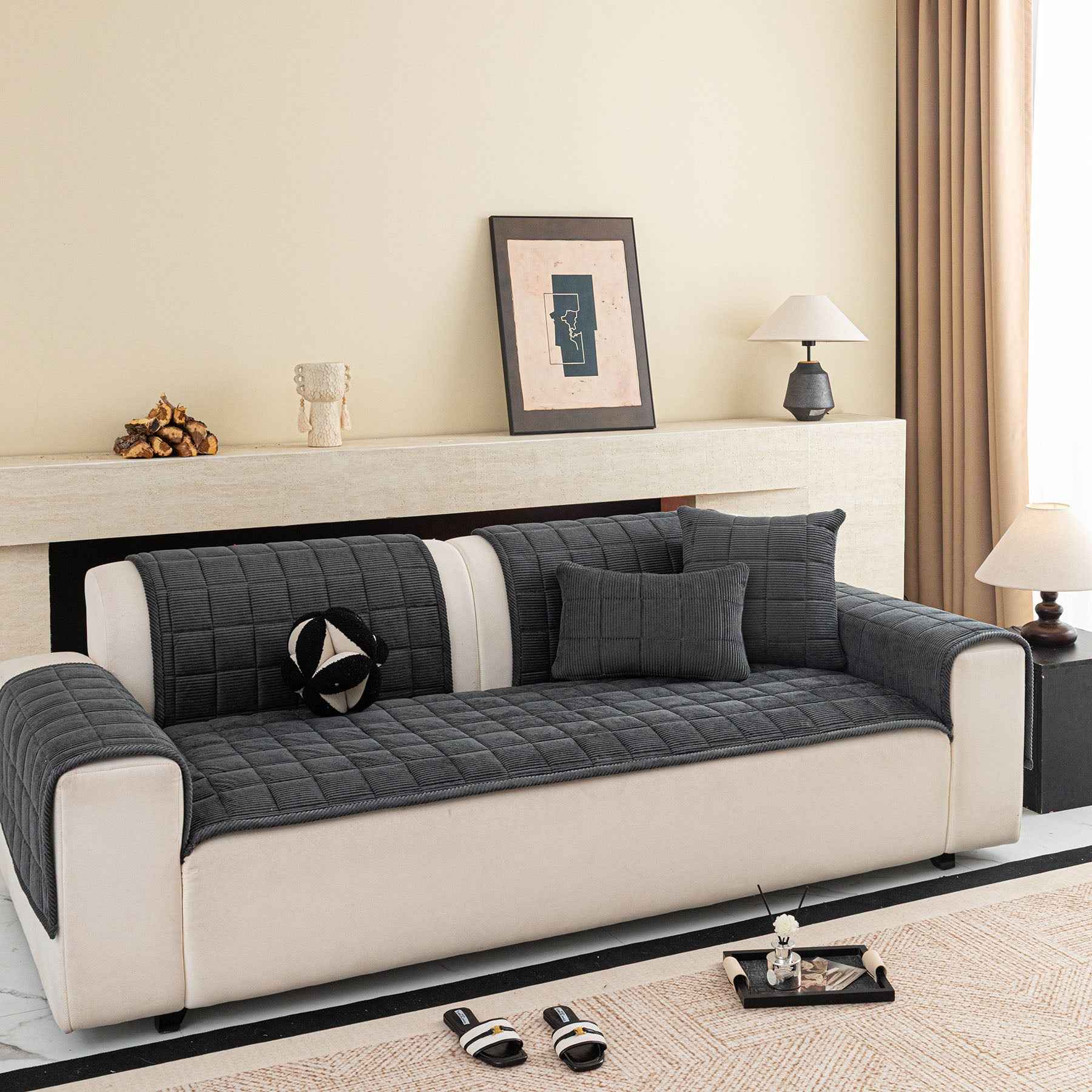 Quilted Corduroy Couch Topper, Non-Slip Soft Padded Sofa Protector for Pets & Kids