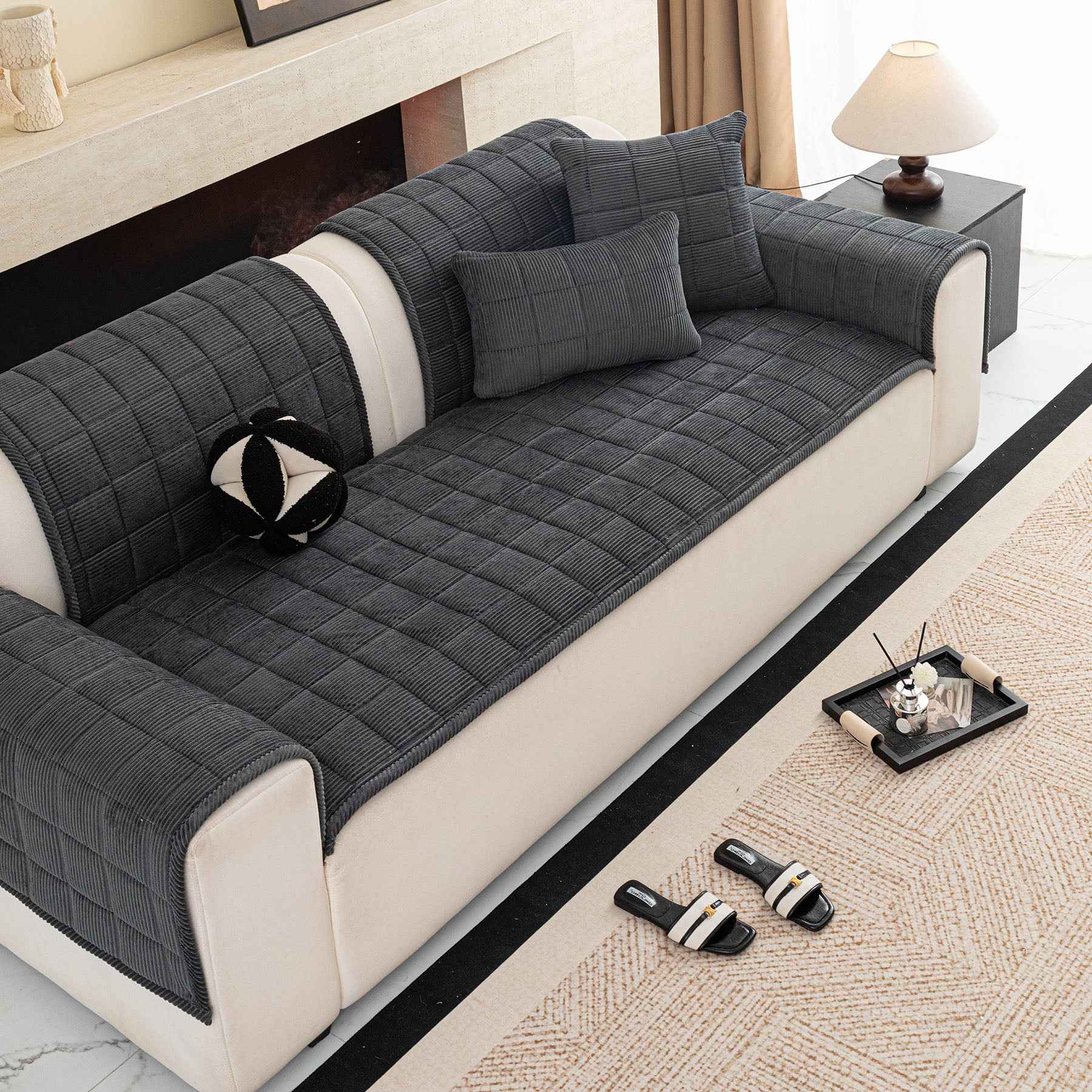 Quilted Corduroy Couch Topper, Non-Slip Soft Padded Sofa Protector for Pets & Kids