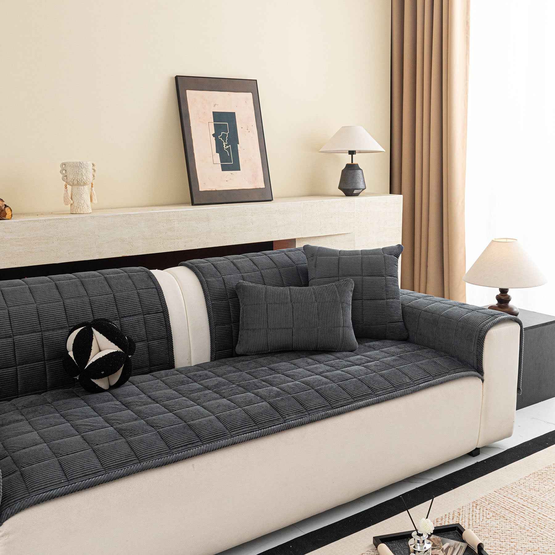 Quilted Corduroy Couch Topper, Non-Slip Soft Padded Sofa Protector for Pets & Kids