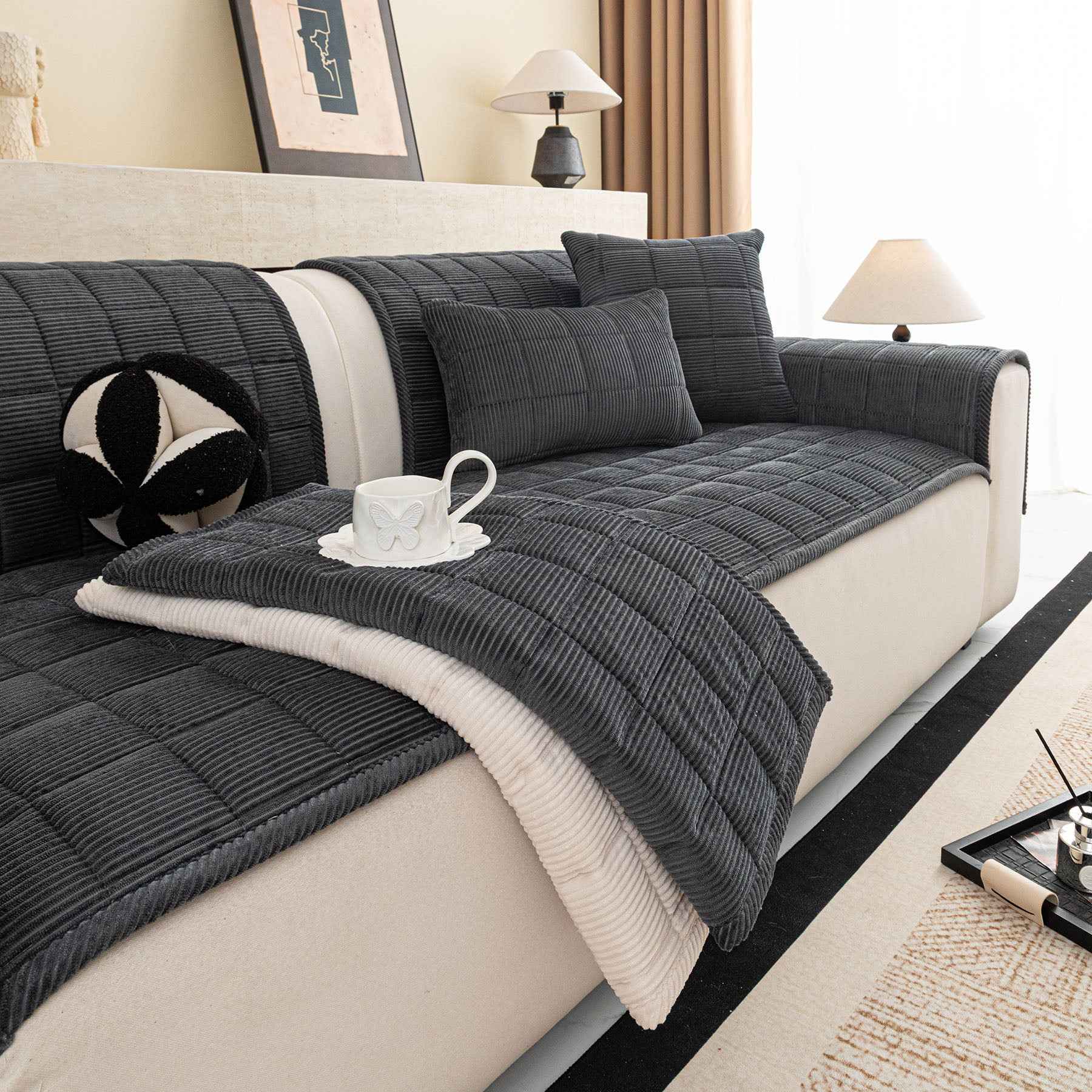 Quilted Corduroy Couch Topper, Non-Slip Soft Padded Sofa Protector for Pets & Kids