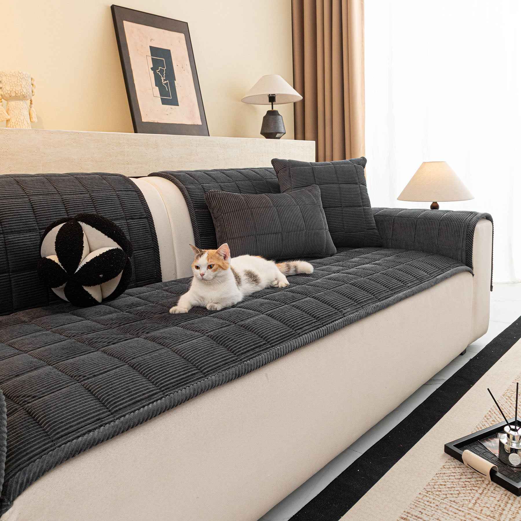 Quilted Corduroy Couch Topper, Non-Slip Soft Padded Sofa Protector for Pets & Kids