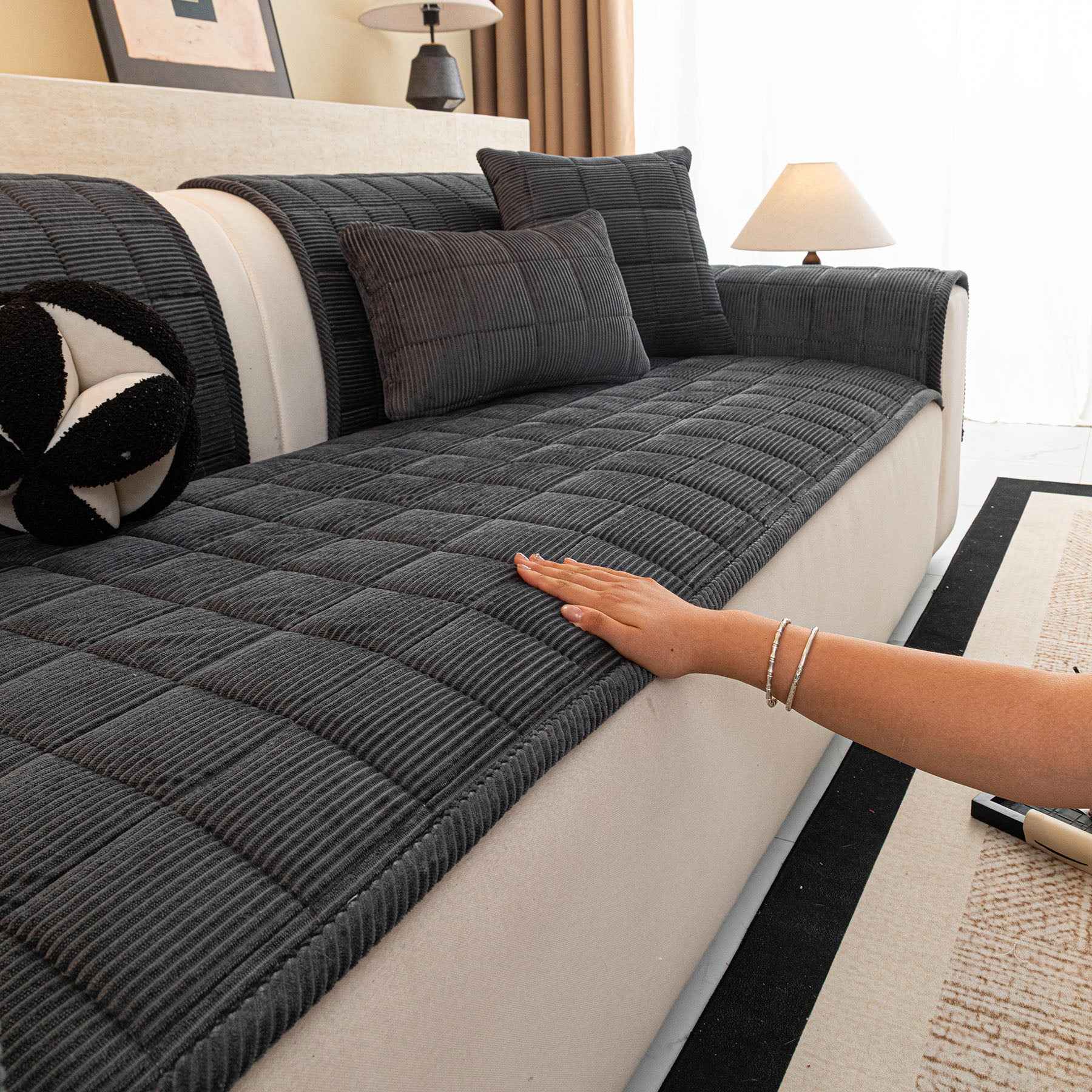 Quilted Corduroy Couch Topper, Non-Slip Soft Padded Sofa Protector for Pets & Kids
