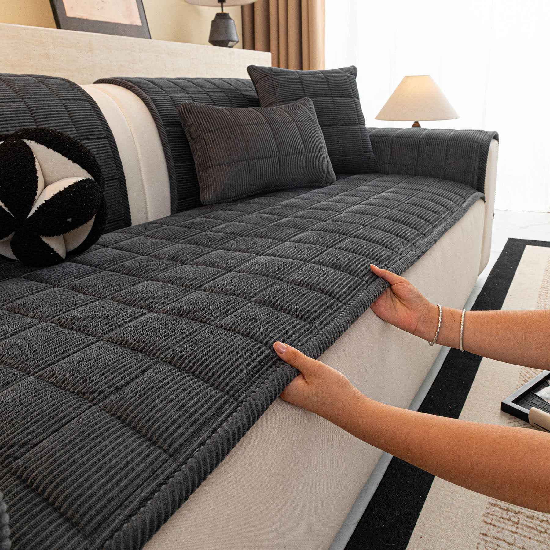 Quilted Corduroy Couch Topper, Non-Slip Soft Padded Sofa Protector for Pets & Kids
