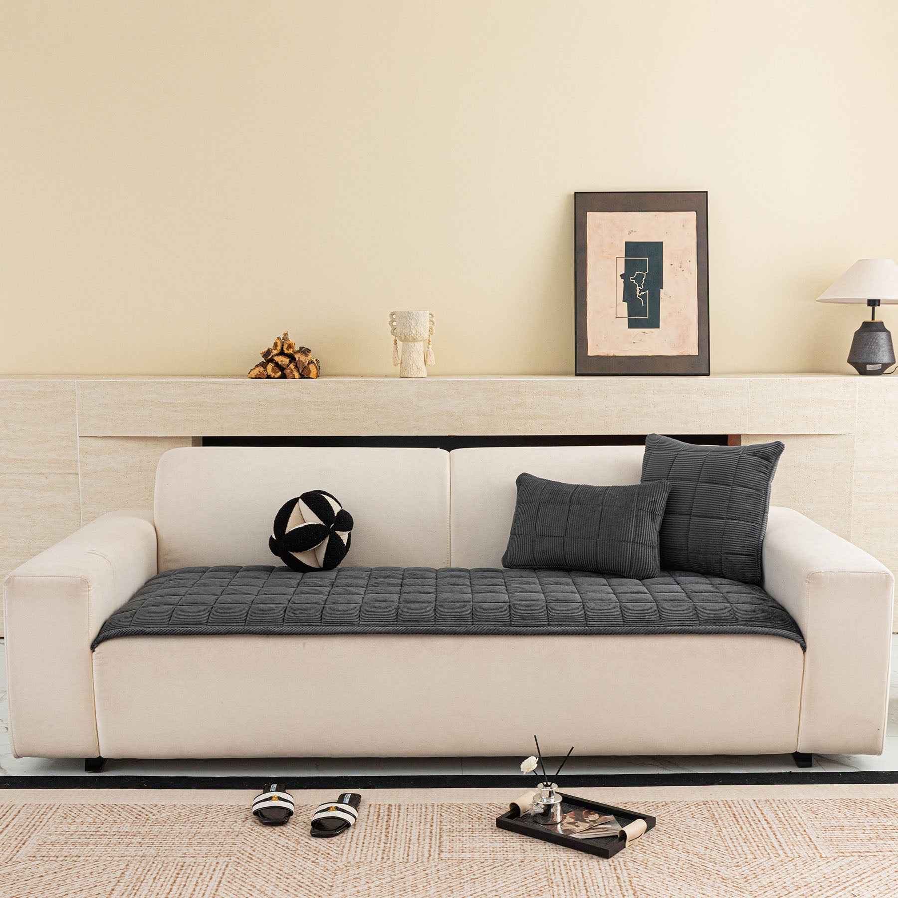 Quilted Corduroy Couch Topper, Non-Slip Soft Padded Sofa Protector for Pets & Kids