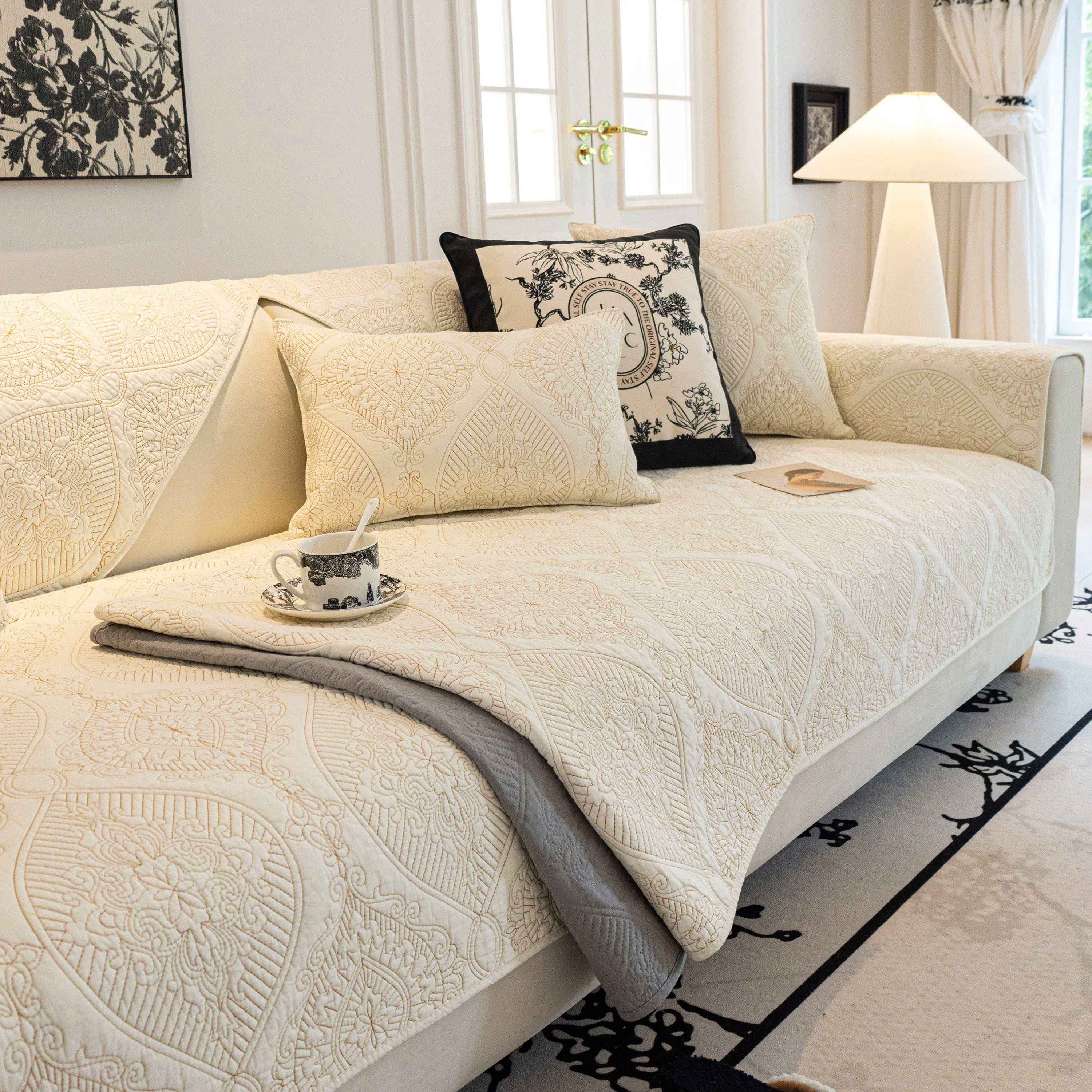 Baroque Sofa Cover – Quilted Cotton, Non-Slip, Washable with Ornate Embroidery - TaroTextile