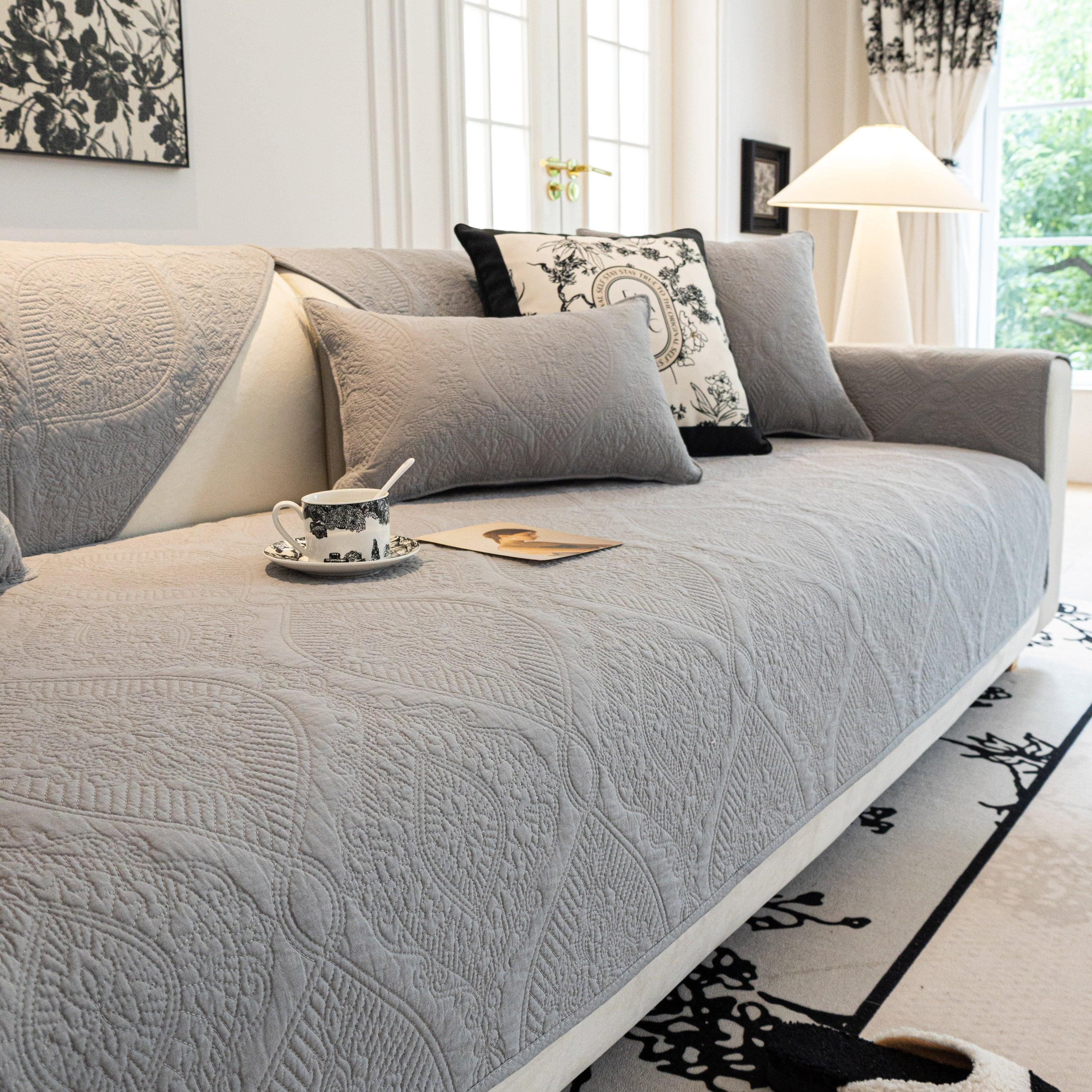 Baroque Sofa Cover – Quilted Cotton, Non-Slip, Washable with Ornate Embroidery - TaroTextile
