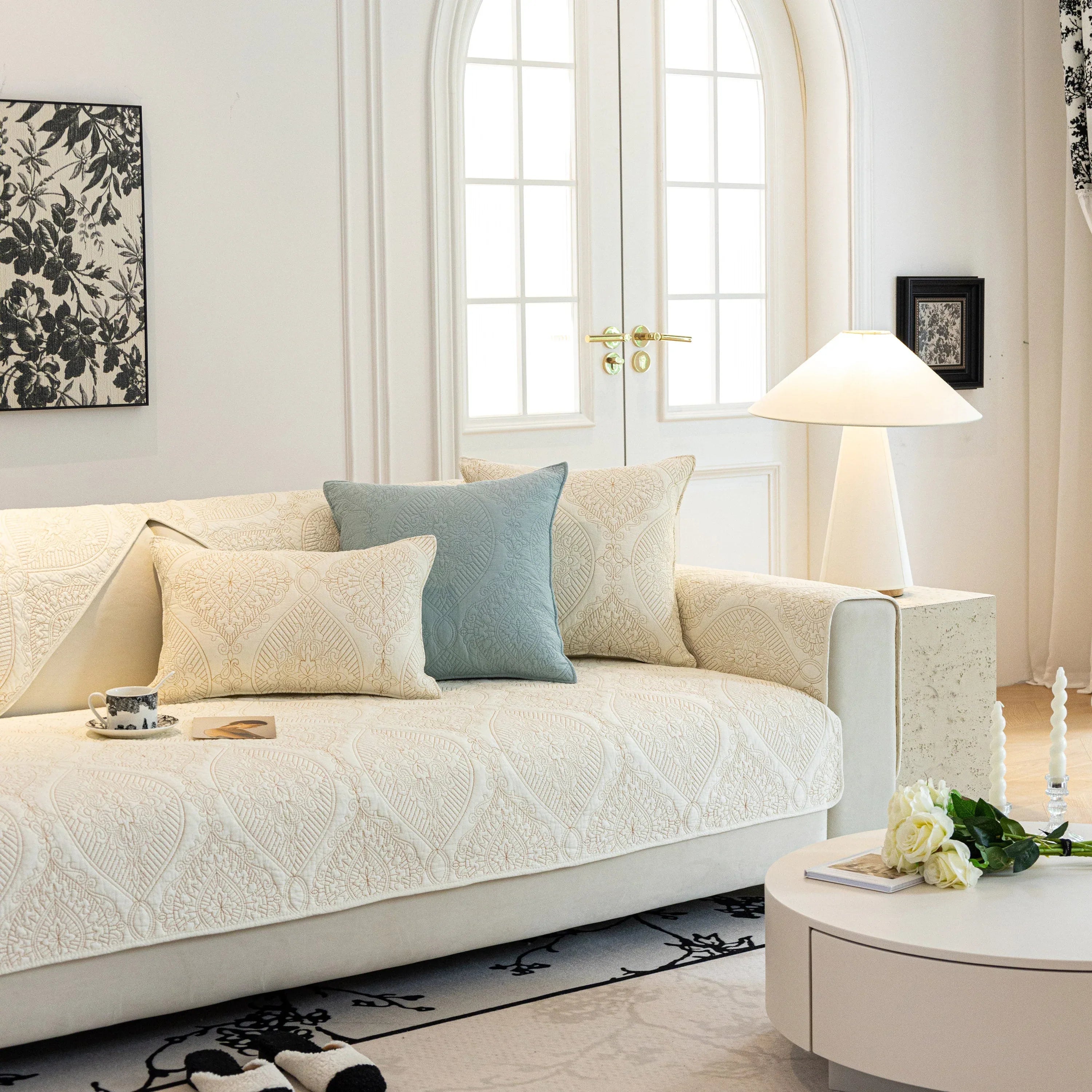 Baroque Sofa Cover – Quilted Cotton, Non-Slip, Washable with Ornate Embroidery - TaroTextile