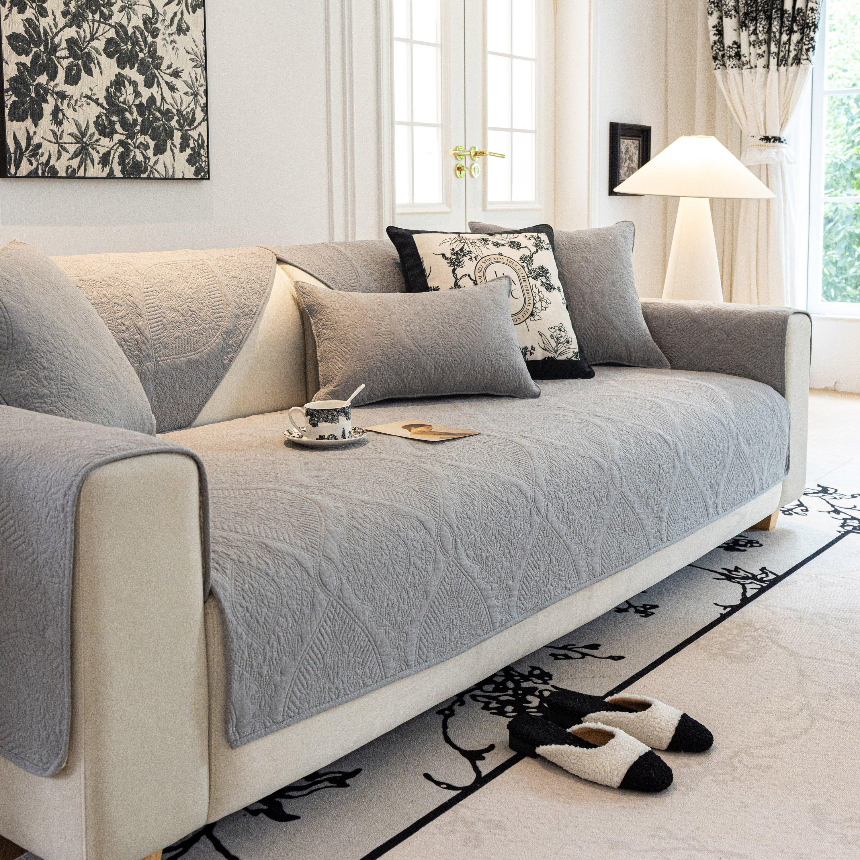 Baroque Sofa Cover – Quilted Cotton, Non-Slip, Washable with Ornate Embroidery - TaroTextile